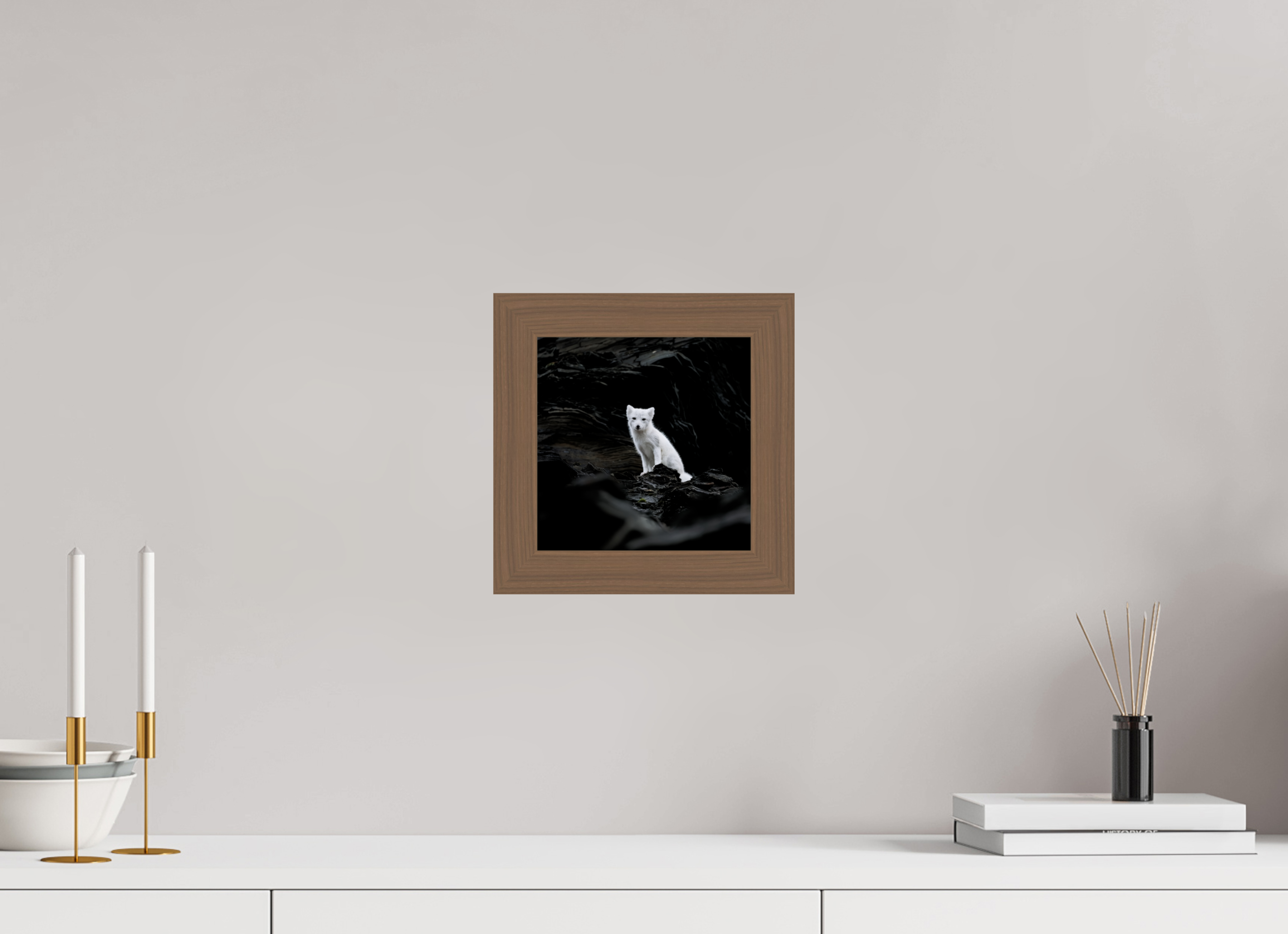 20 x 20 cm, Gallery Frame Hamburg 40mm Walnut Glossy Acrylic Arctic Fox Angel - In Solid 40 mm Wood Frame Hamburg Glossy