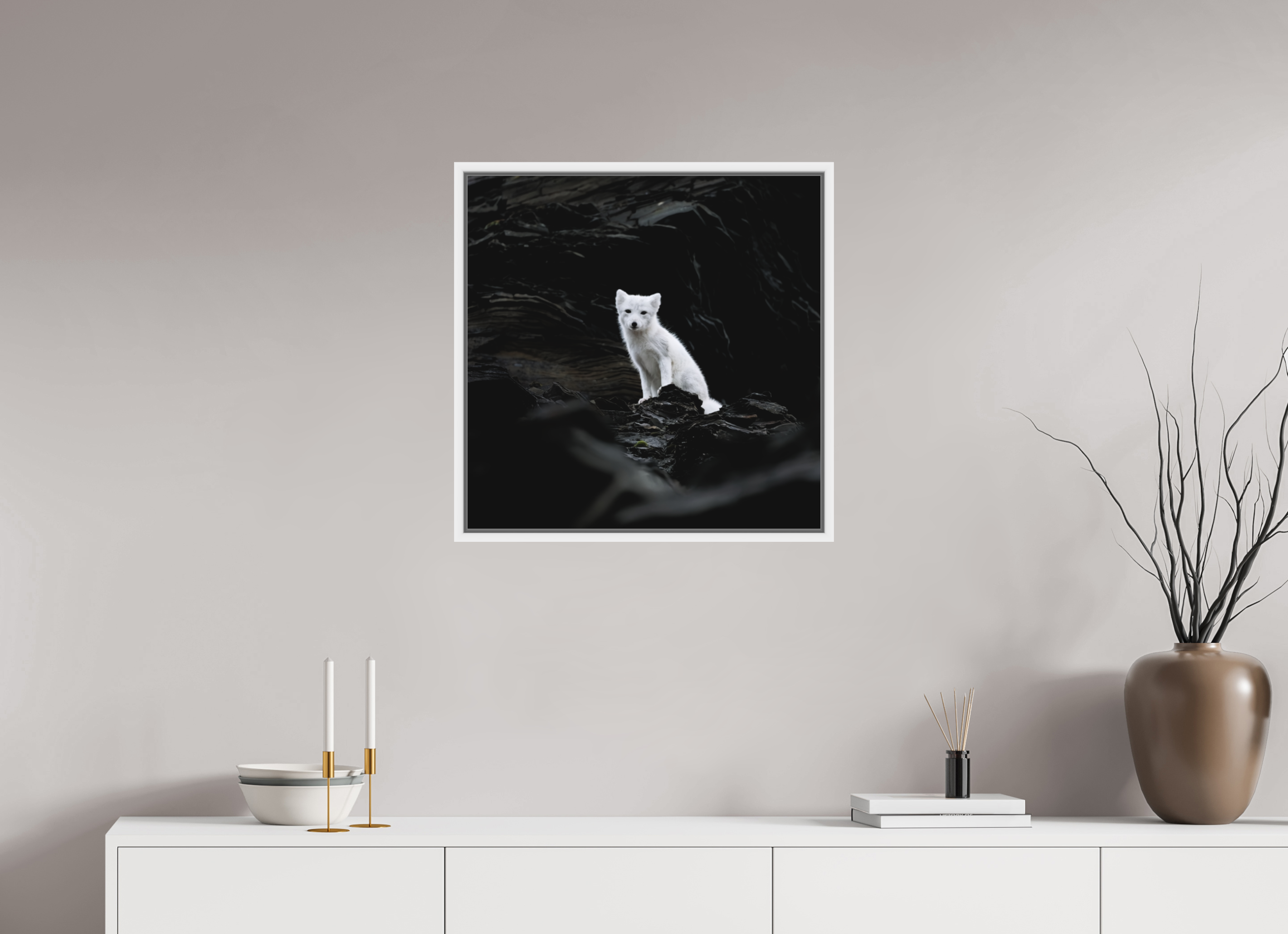 60 x 60 cm, Floater Frame White Matte Acrylic Glass Arctic Fox Angel - Floater Frame Matte