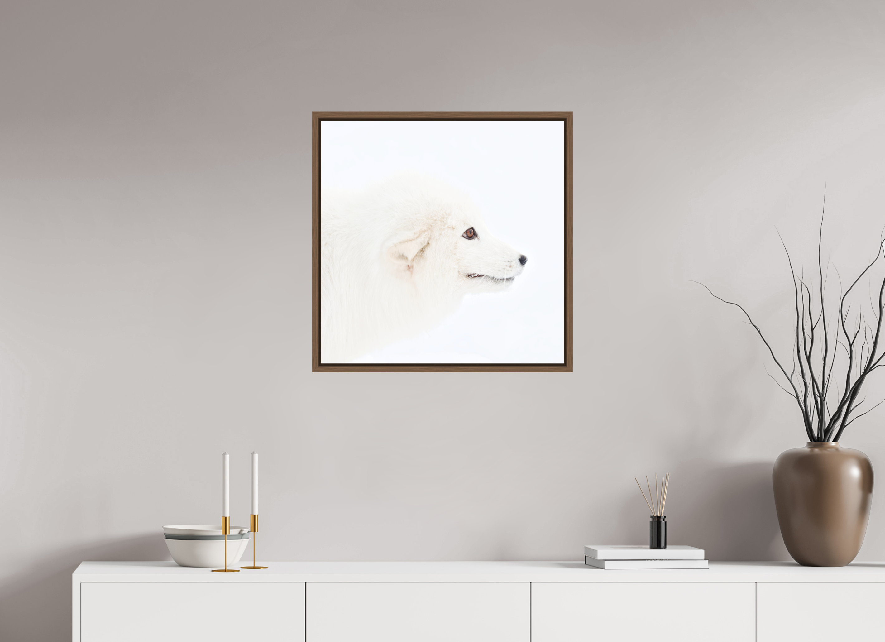 60 x 60 cm, Floater Frame Walnut Matte Acrylic Glass Arctic Fox Head - Floater Frame