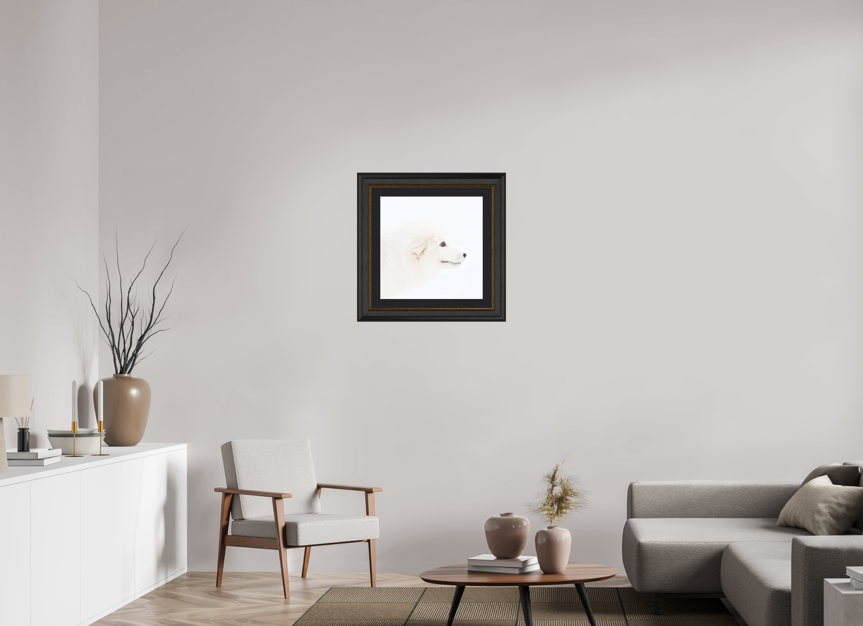 50 x 50 cm, Solid Wood Frame London Passe-partout Gold Arctic Fox Head - Solid Frame With Passe-Partout