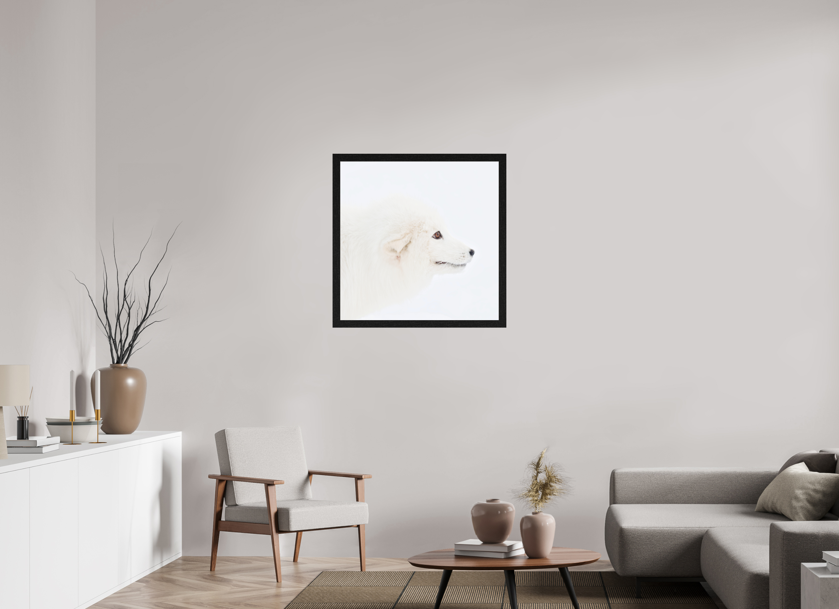 80 x 80 cm, Gallery Frame Hamburg 40mm Black Oak Glossy Acrylic Glass Arctic Fox Head - In Solid Wood Frame Hamburg 40 mm