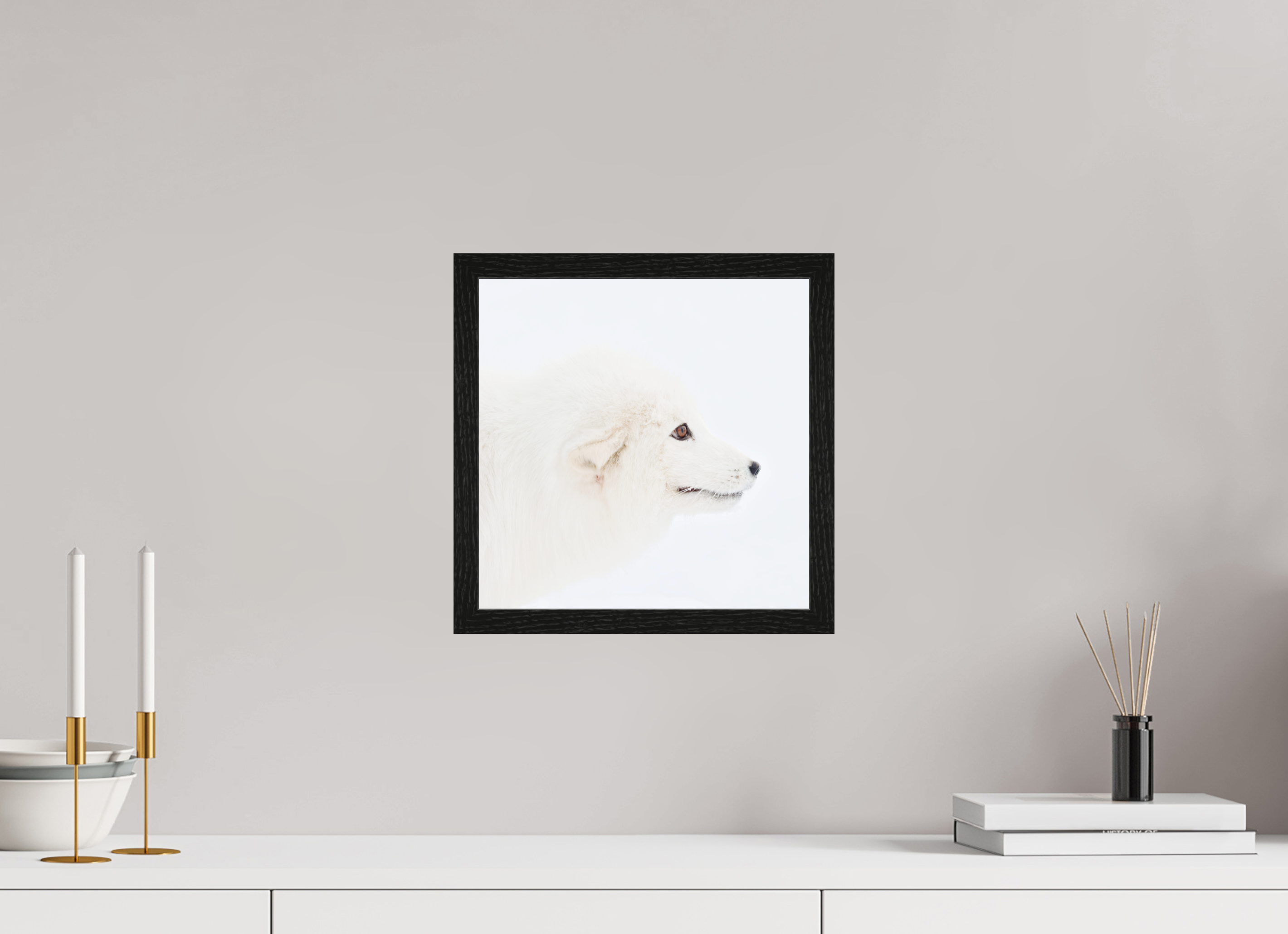 30 x 30 cm, Gallery Frame Hamburg 20mm Black Oak Glossy Acrylic Arctic Fox Head - In Gallery Frame Hamburg