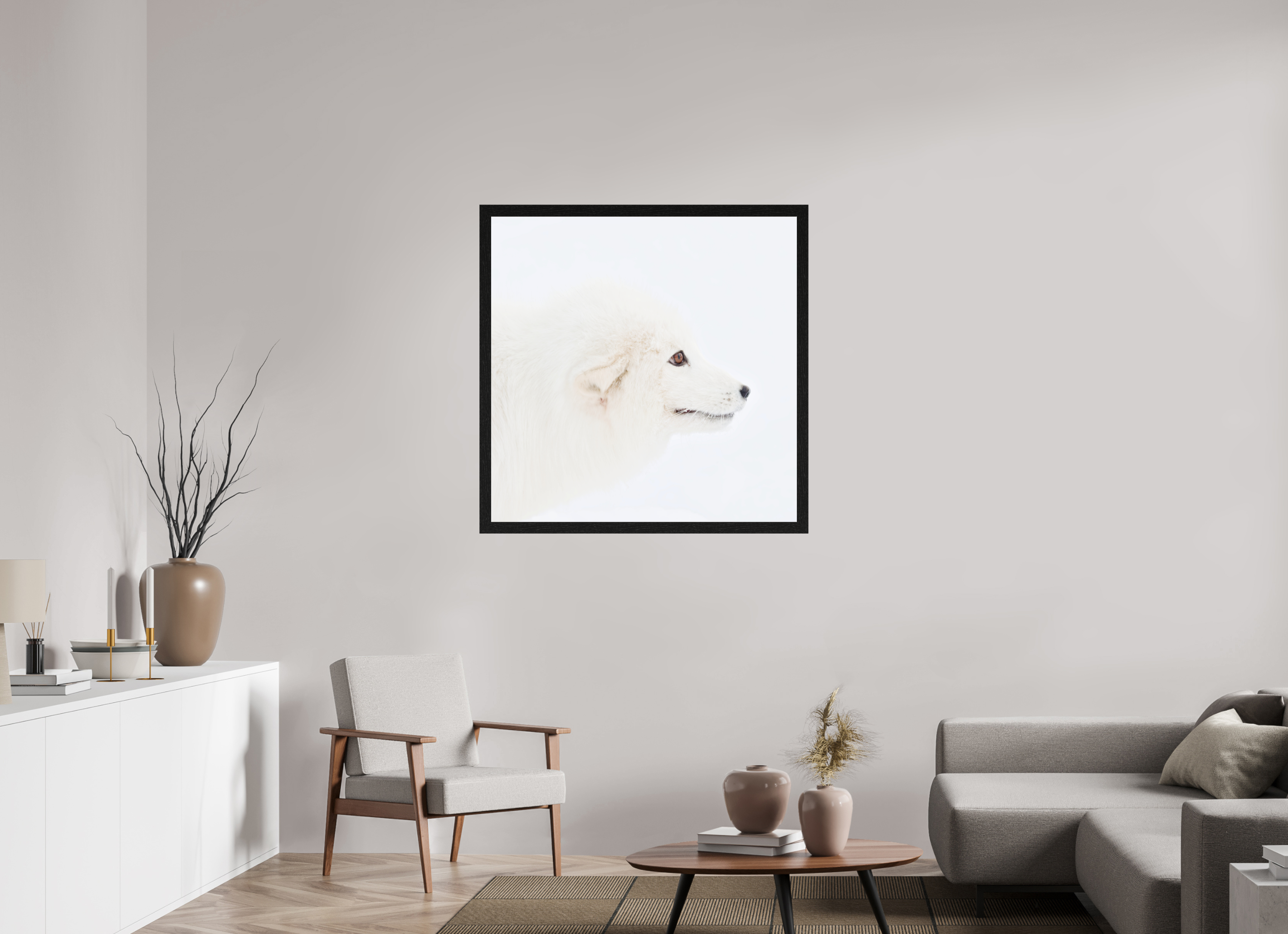 100 x 100 cm, Gallery Frame Hamburg 40mm Black Oak Glossy Acrylic Glass Arctic Fox Head - In Solid Wood Frame Hamburg 40 mm