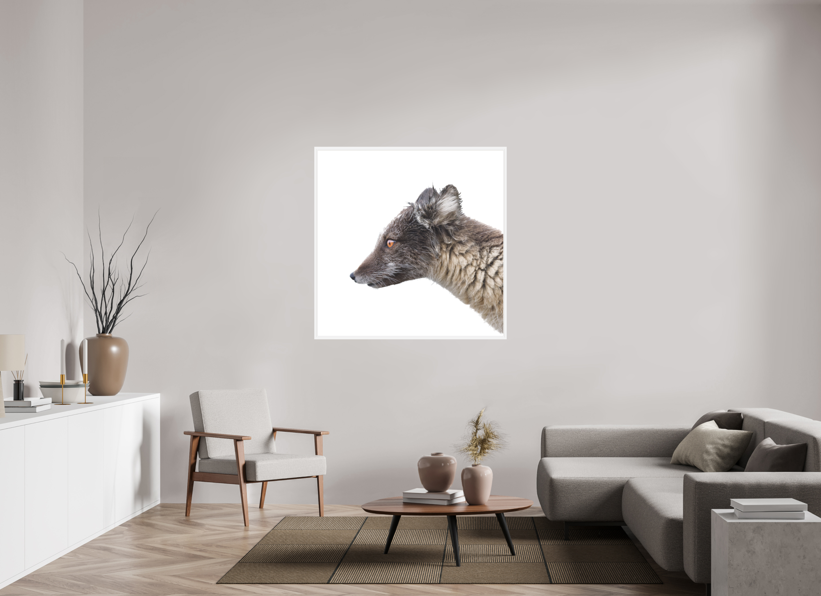 120 x 120 cm, Gallery Frame Hamburg 20mm Matte White Matte Acrylic Arctic Fox Brown - In Solid 20 mm Wood Frame Hamburg Matte