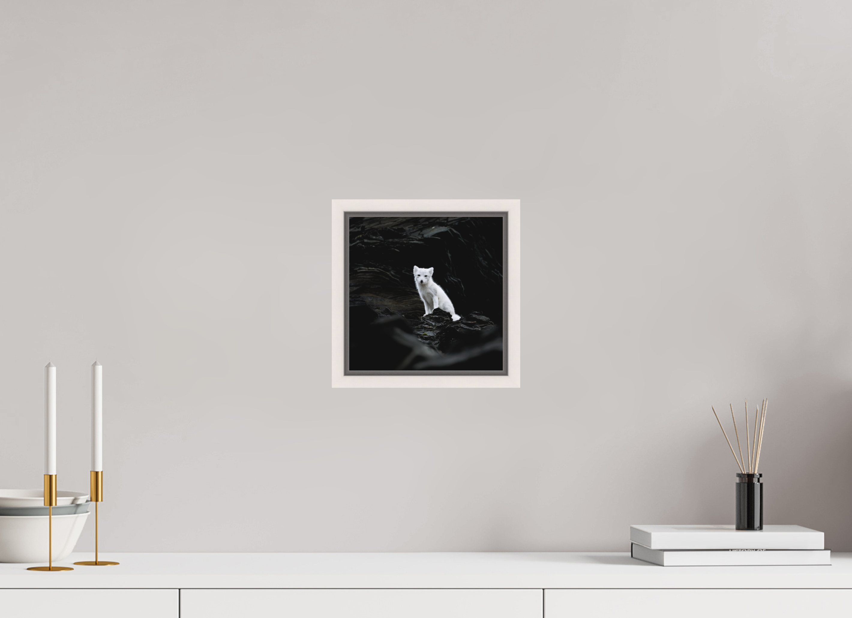20 x 20 cm, Floater Frame Maple White Matte Acrylic Glass Arctic Fox Angel - Floater Frame Matte
