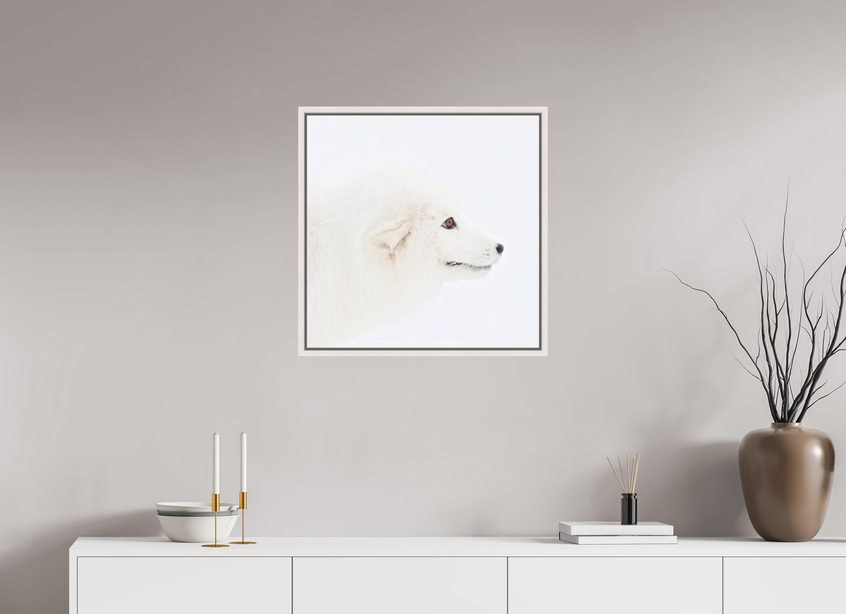 60 x 60 cm, Floater Frame Maple White Glossy Acrylic Glass Arctic Fox Head - Floater Frame