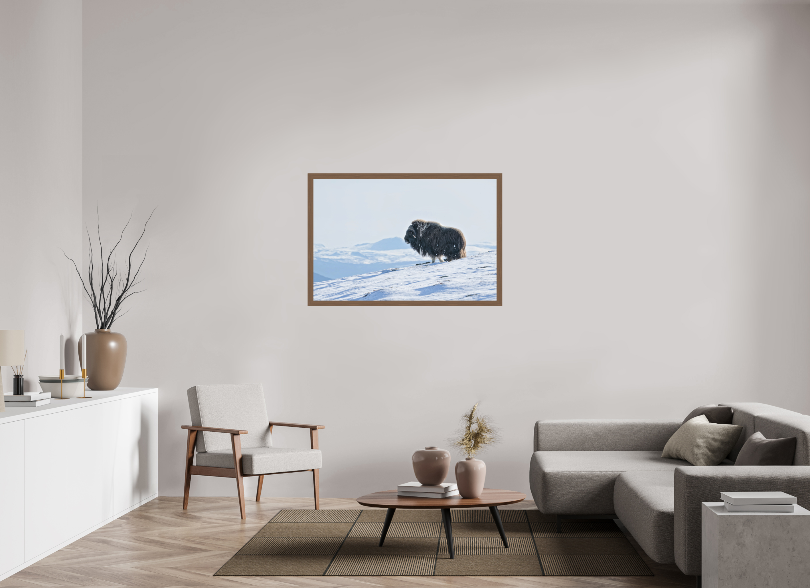 120 x 80 cm, Gallery Frame Hamburg 40mm Walnut Matte Acrylic Glass The Musk Ox Kingdom - In Solid 40 mm Wood Frame Hamburg Glossy Acrylic