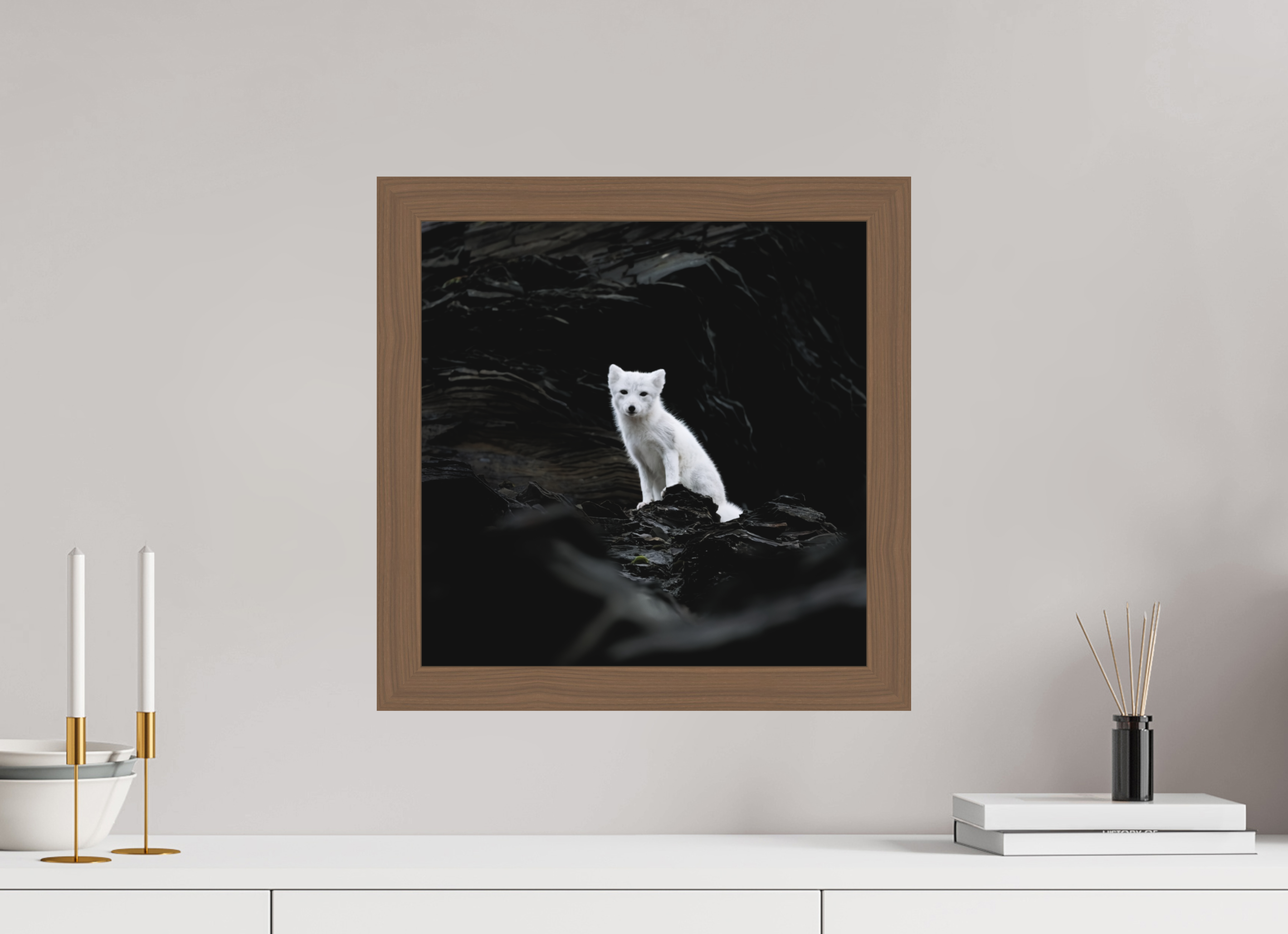 40 x 40 cm, Gallery Frame Hamburg 40mm Black Walnut Matte Acrylic Arctic Fox Angel- In Solid 40 mm Wood Frame Hamburg Matte