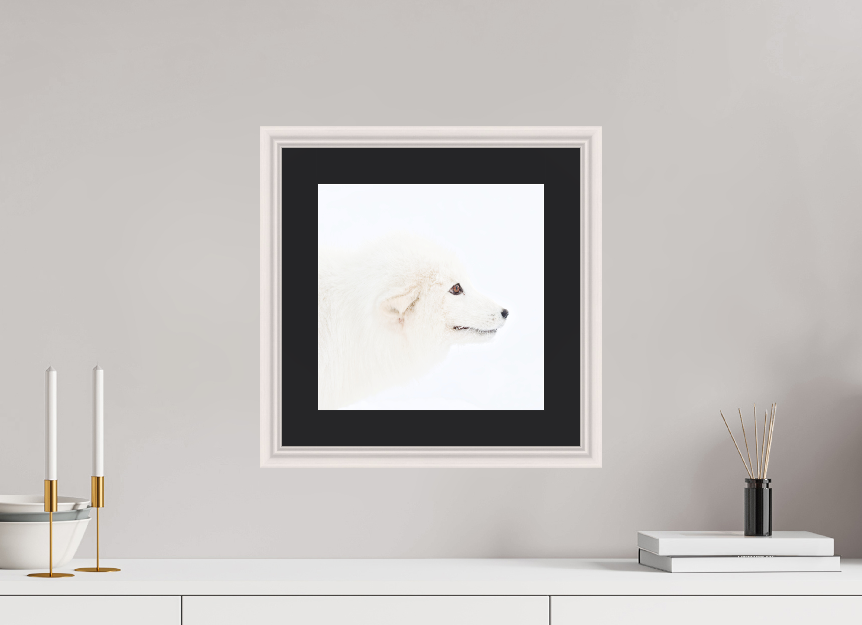 30 x 30 cm, Solid Wood Frame Vienna Passe-partout Maple White Arctic Fox Head - Solid Frame With Passe-Partout