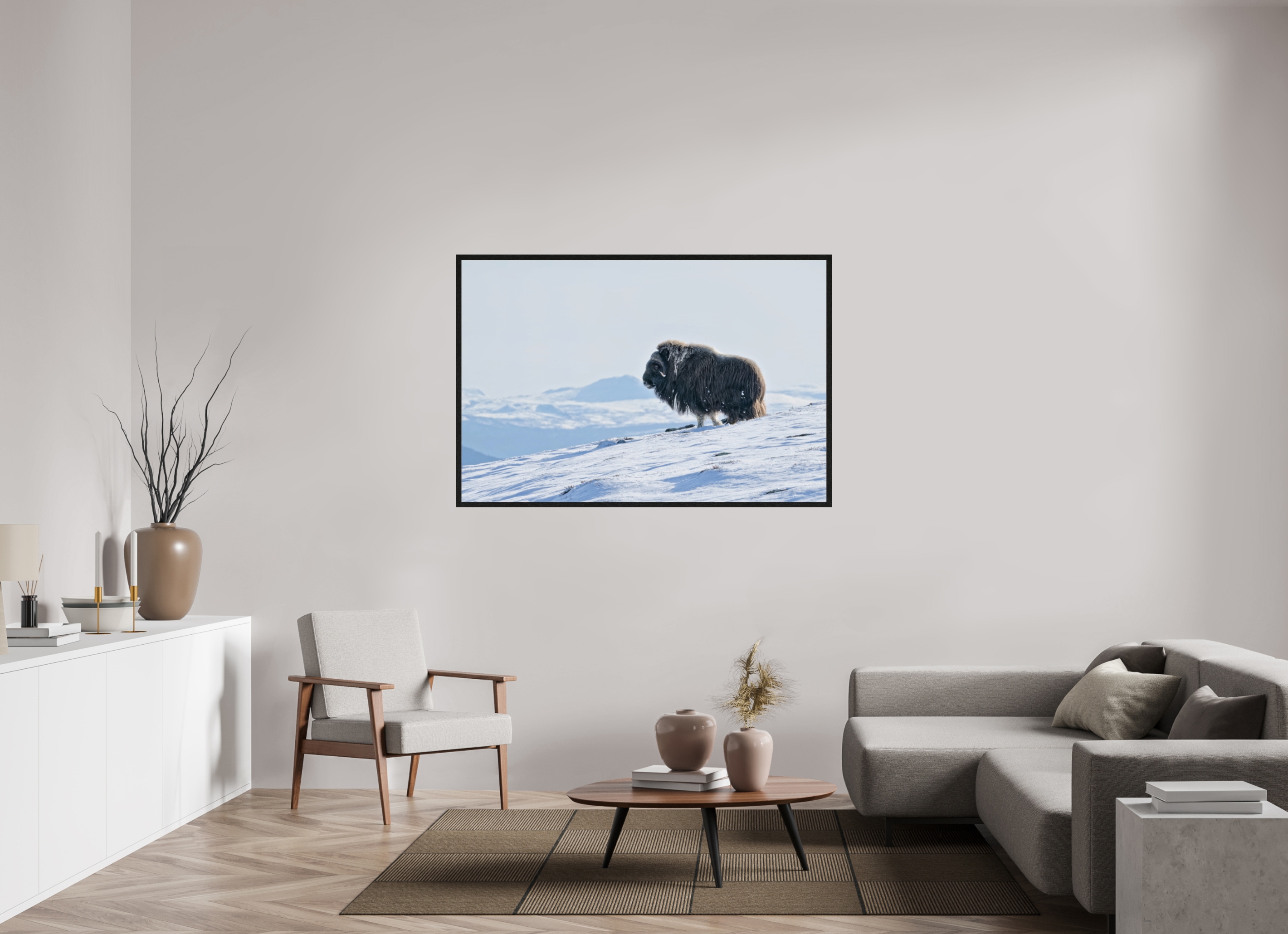 150 x 100 cm, Gallery Frame Hamburg Black Oak Glossy Acrylic The Musk Ox Kingdom - In Solid 20 mm Wood Frame Hamburg Glossy