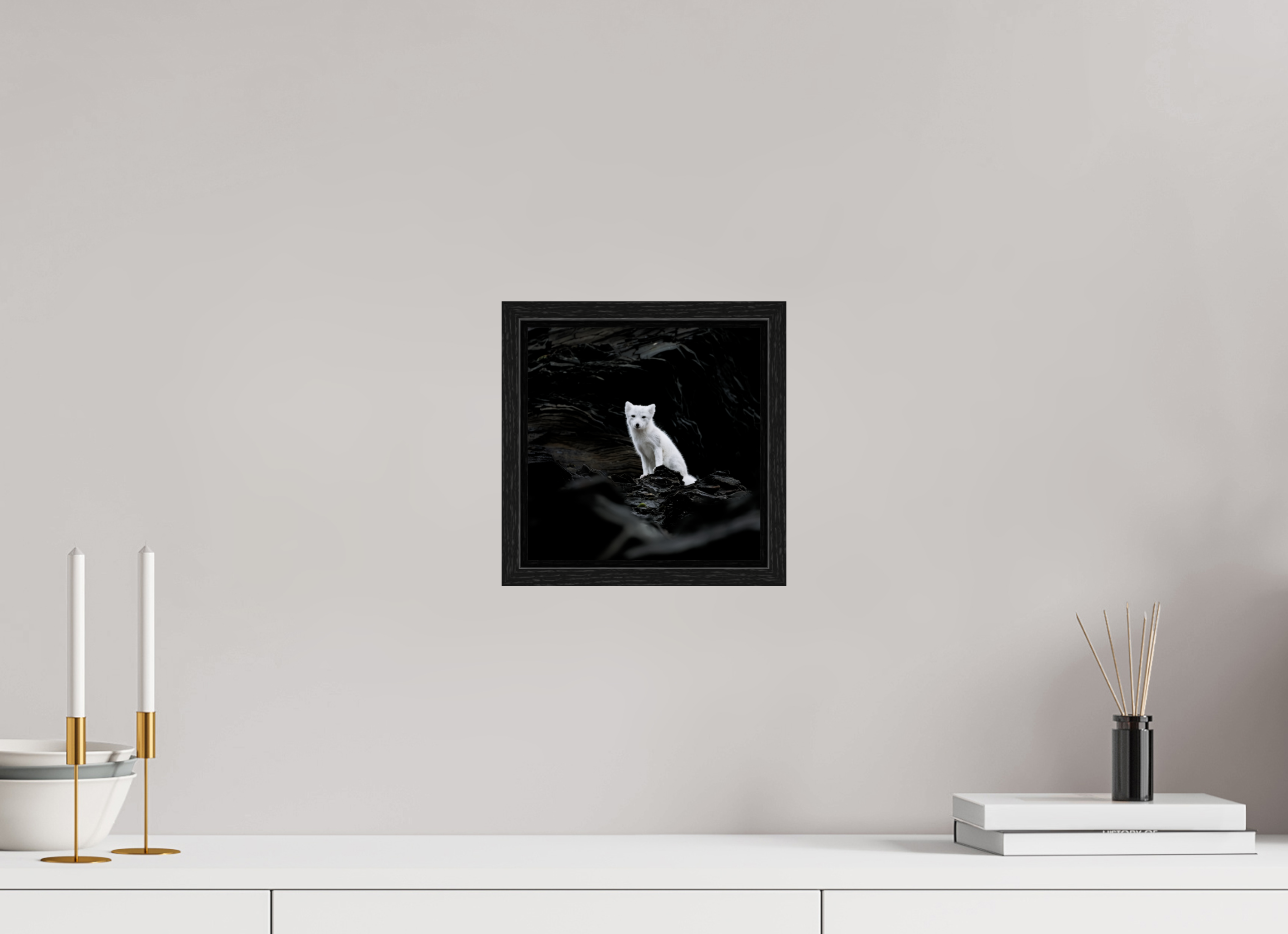 20 x 20 cm, Floater Frame Black Oak Glossy Acrylic Glass Arctic Fox Angel - Floater Frame Glossy