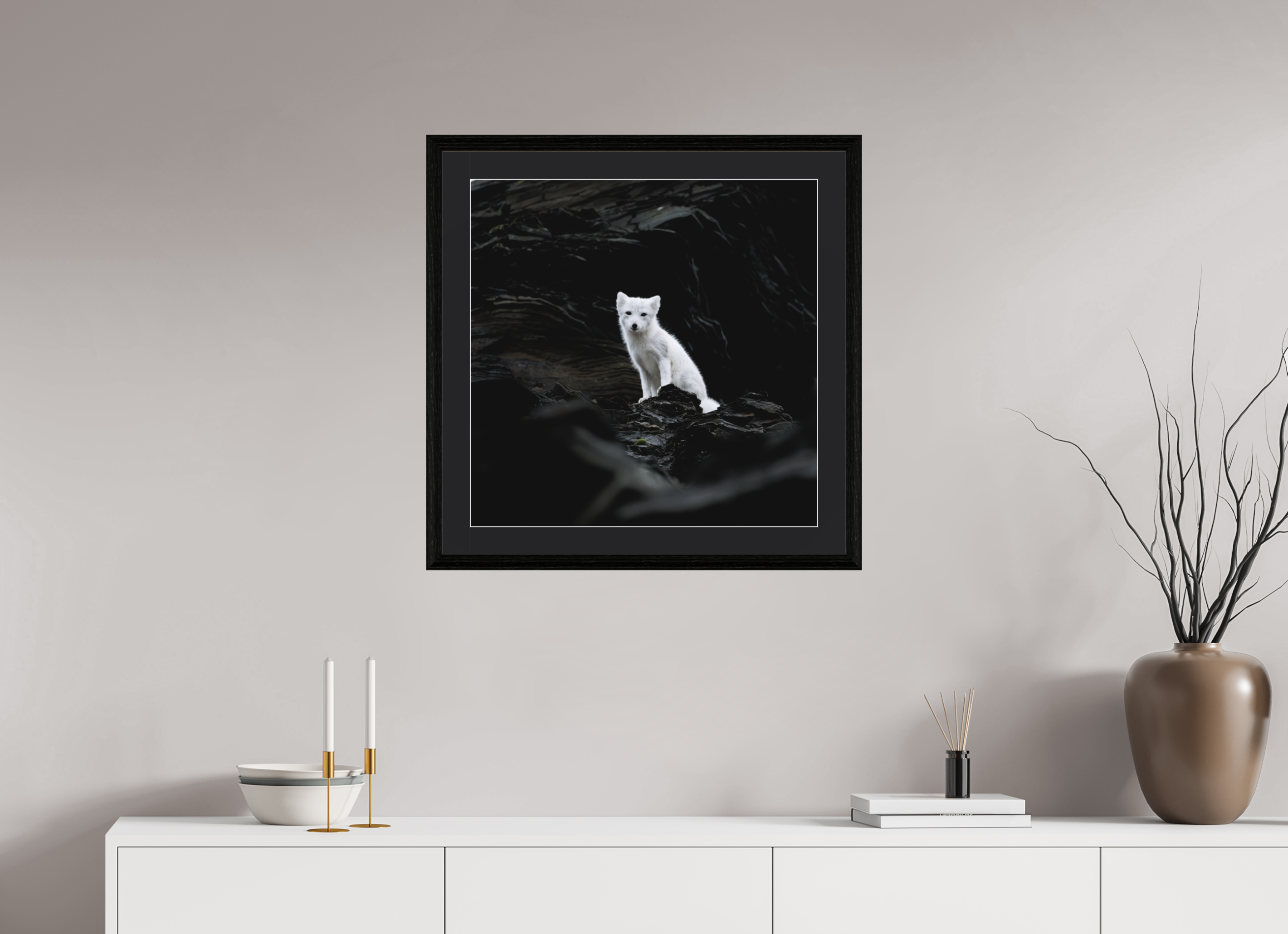 60 x 60 cm, Solid Wood Frame Vienna Passe-partout Black Oak Arctiv Fox Angel -Solid Frame With Passe-Partout