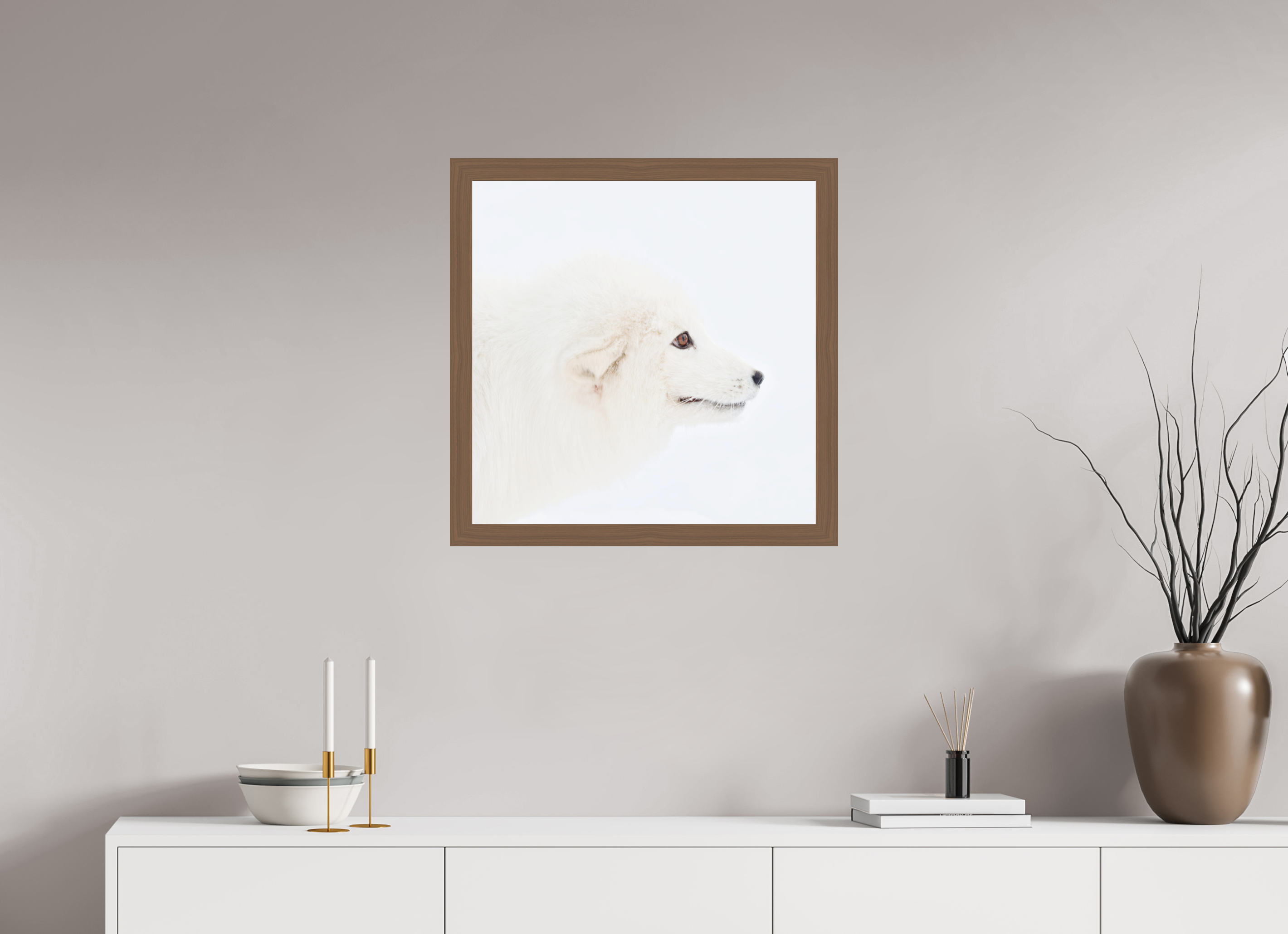 60 x 60 cm, Gallery Frame Hamburg 40mm Walnut Glossy Acrylic Glass Arctic Fox Head - In Solid Wood Frame Hamburg 40 mm