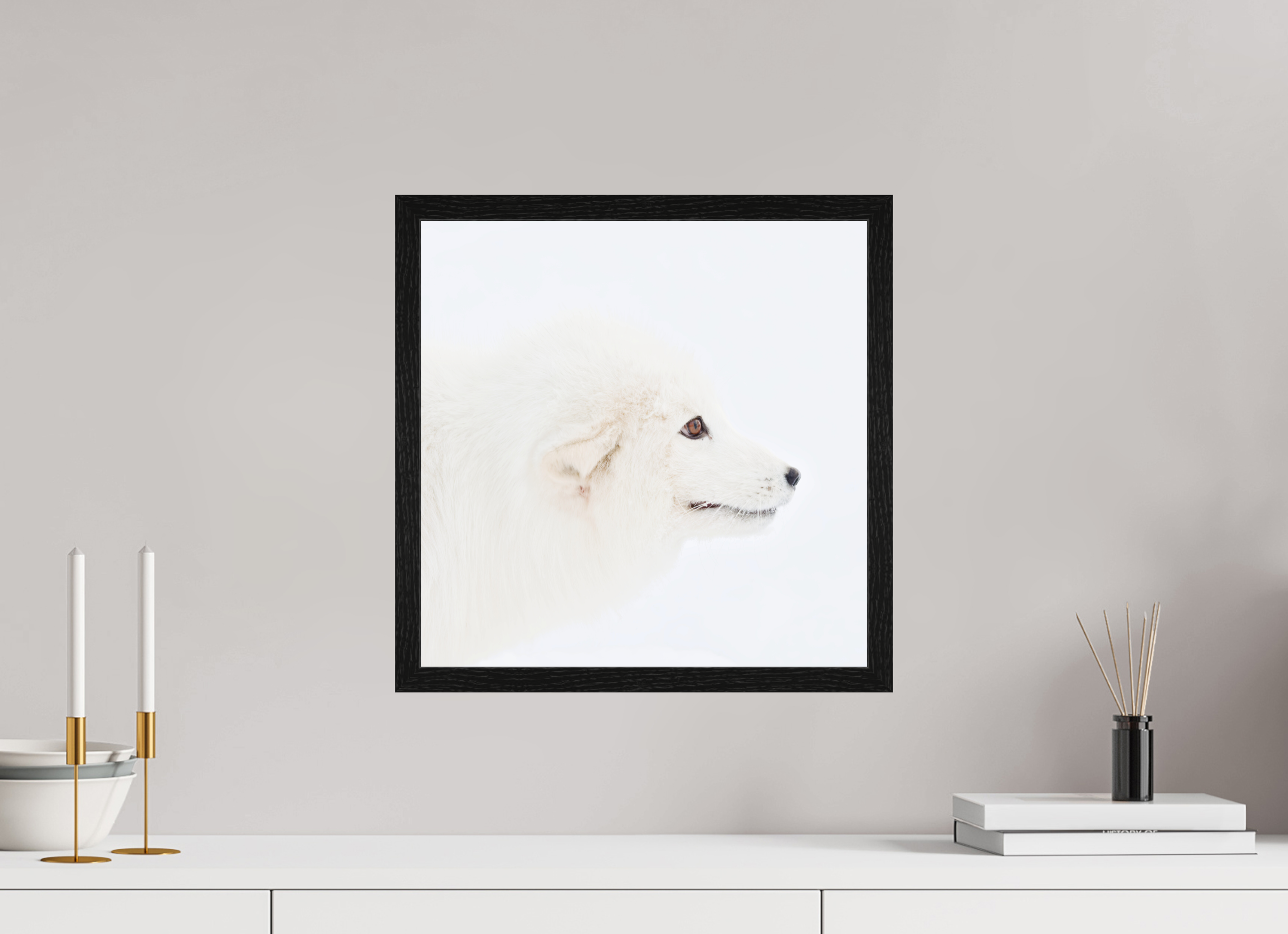 40 x 40 cm, Gallery Frame Hamburg 20mm Black Oak Glossy Acrylic Arctic Fox Head - In Gallery Frame Hamburg