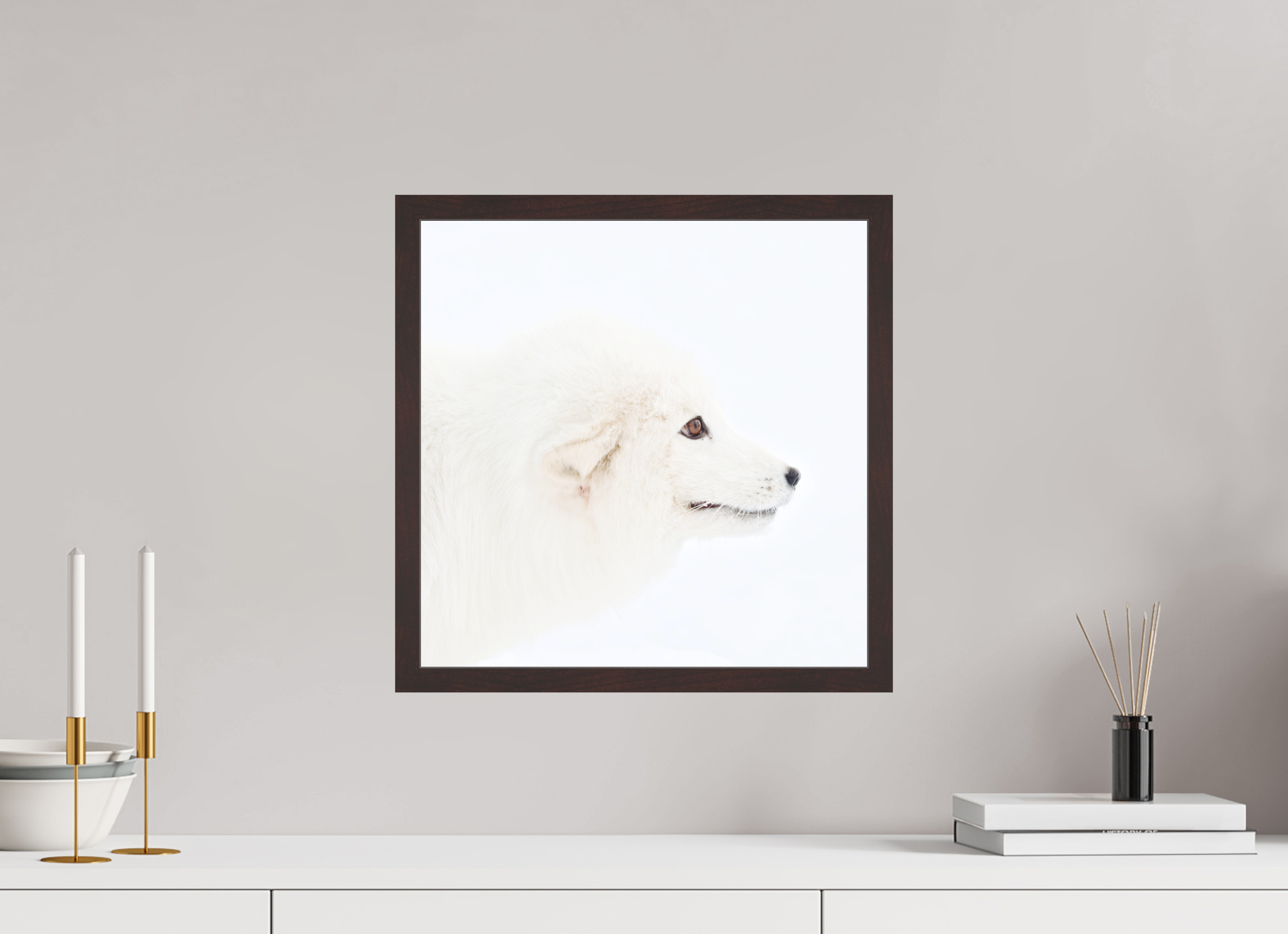 40 x 40 cm, Gallery Frame Hamburg 20mm Alder Brown Matte Acrylic Arctic Fox Head - In Gallery Frame Hamburg 20 mm
