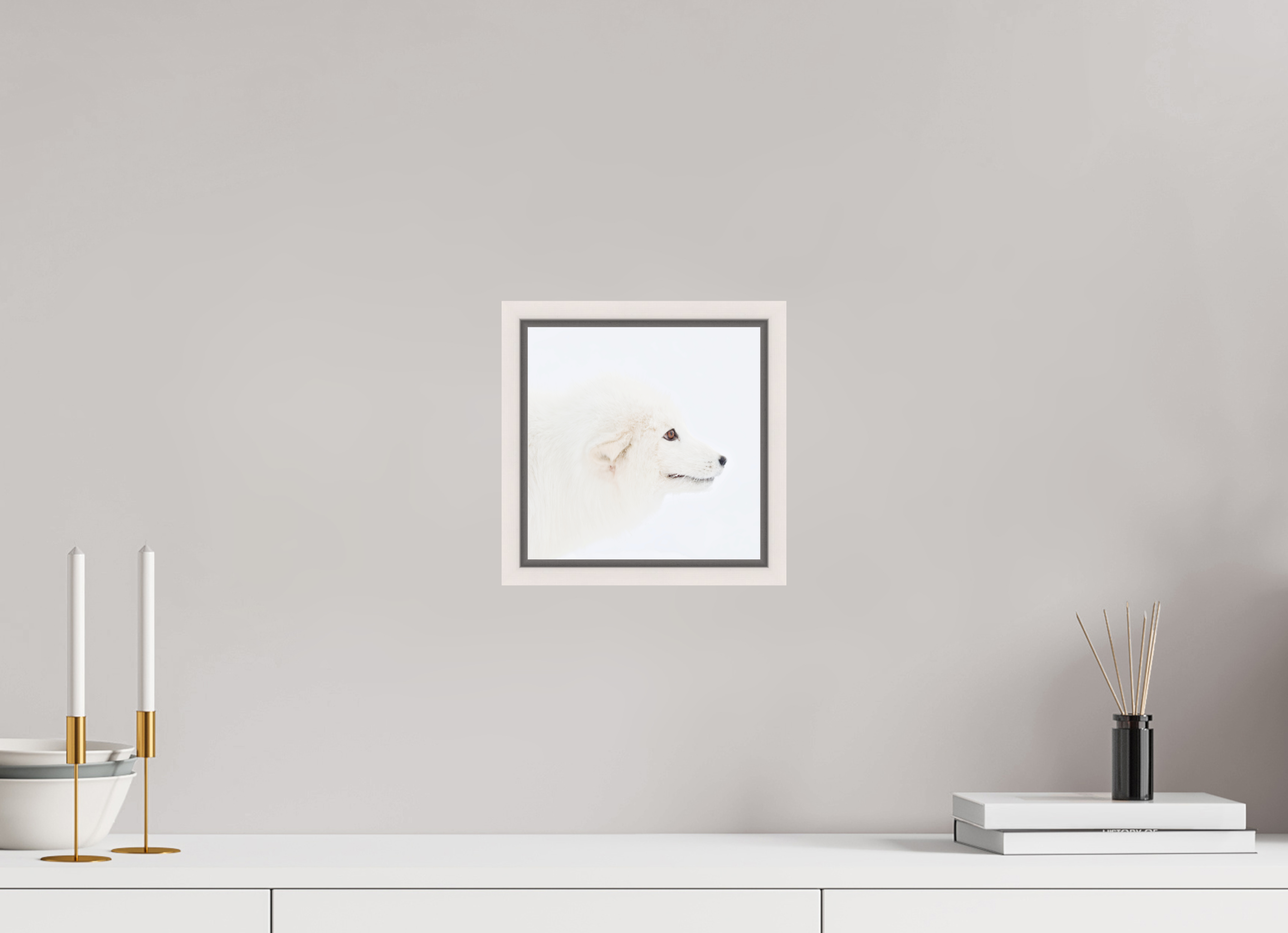 20 x 20 cm, Floater Frame Maple White Glossy Acrylic Glass Arctic Fox Head - Floater Frame
