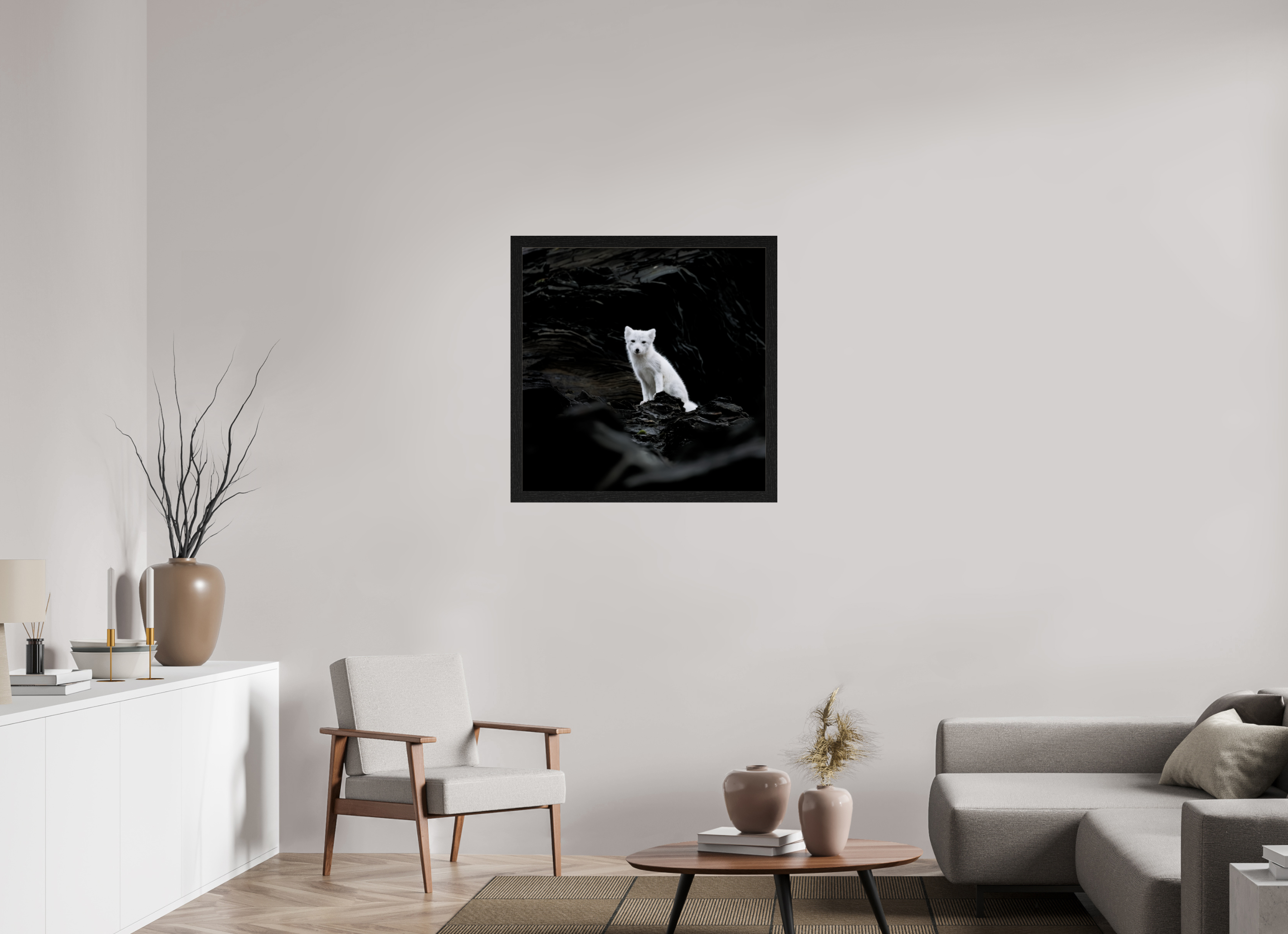 80 x 80 cm, Gallery Frame Hamburg 40mm Black Oak Glossy Acrylic Glass Arctic Fox Angel - In Solid 40 mm Wood Frame Hamburg Glossy