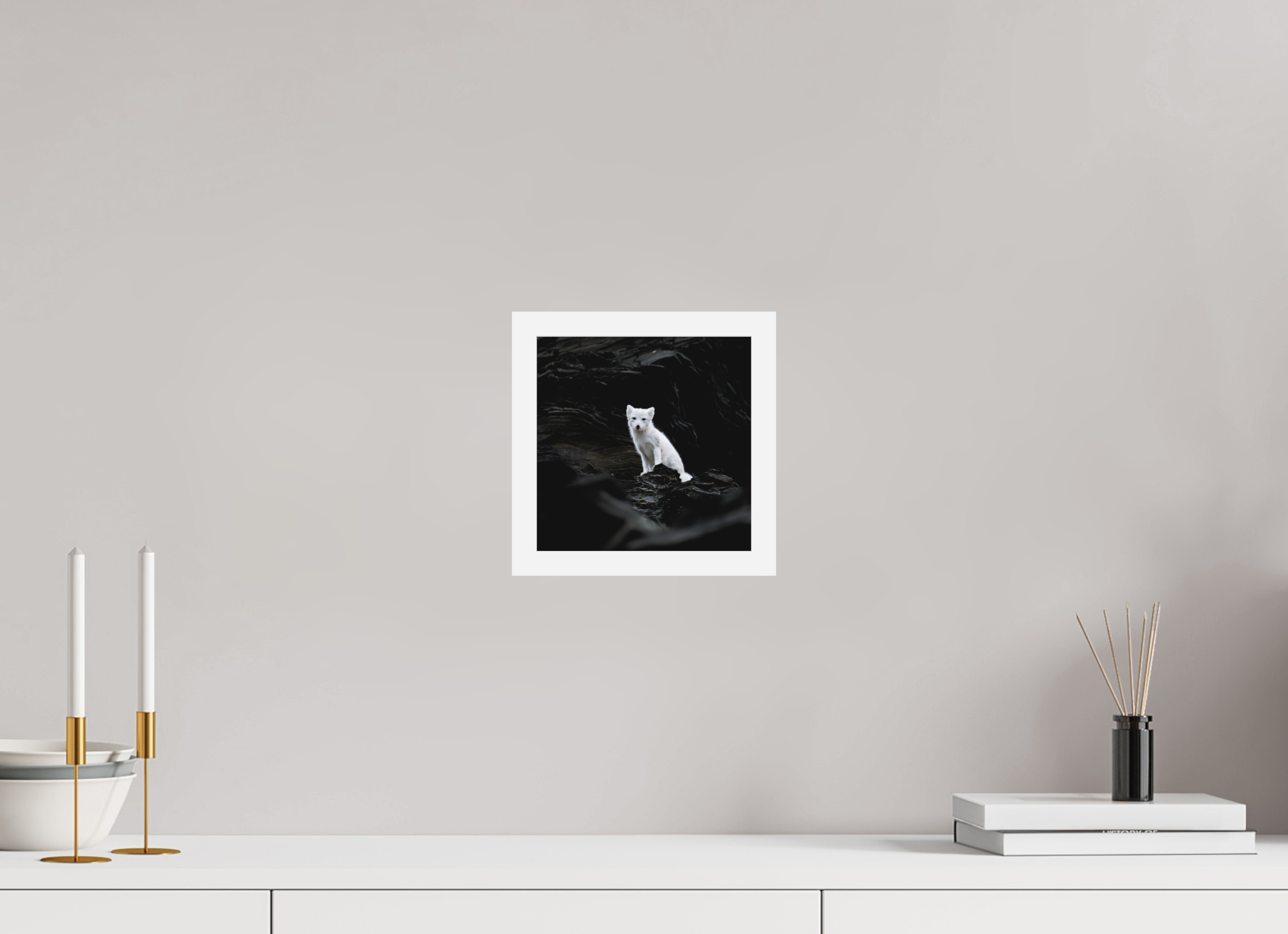 20 x 20 cm, Gallery Frame Hamburg 20mm White Matte Acrylic Arctic Fox Angel - In Solid 20 mm Wood Frame Hamburg Matte