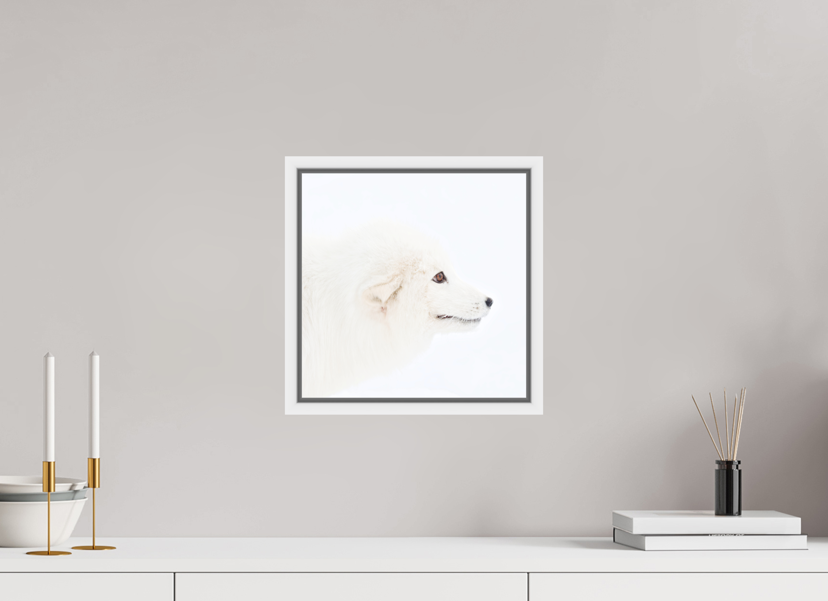 30 x 30 cm, Floater Frame White Matte Acrylic Glass Arctic Fox Head - Floater Frame