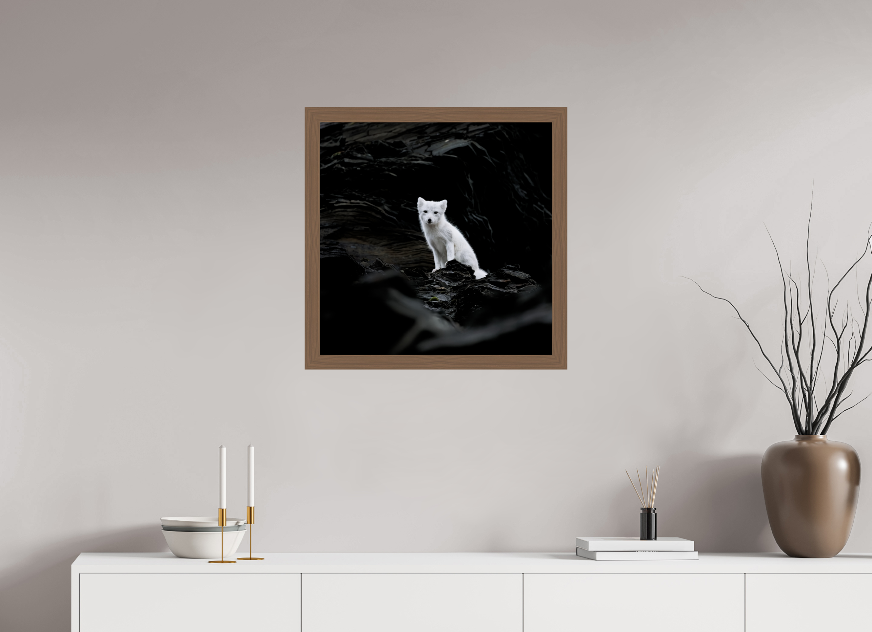 60 x 60 cm, Gallery Frame Hamburg 40mm Walnut Glossy Acrylic Arctic Fox Angel - In Solid 40 mm Wood Frame Hamburg Glossy