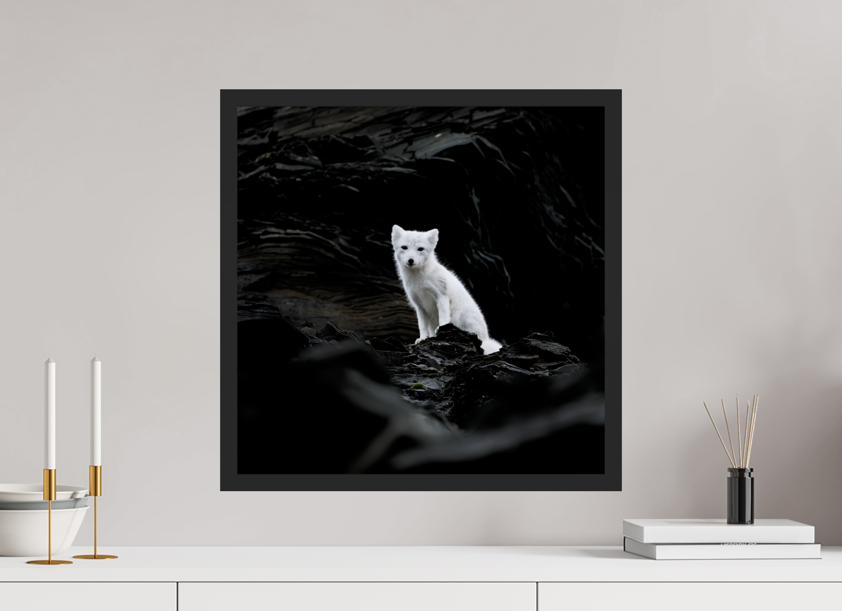 50 x 50 cm, Gallery Frame Hamburg 20mm Black Matte Glossy Acrylic Arctic Fox Angel - In Solid 20 mm Wood Frame Hamburg Glossy