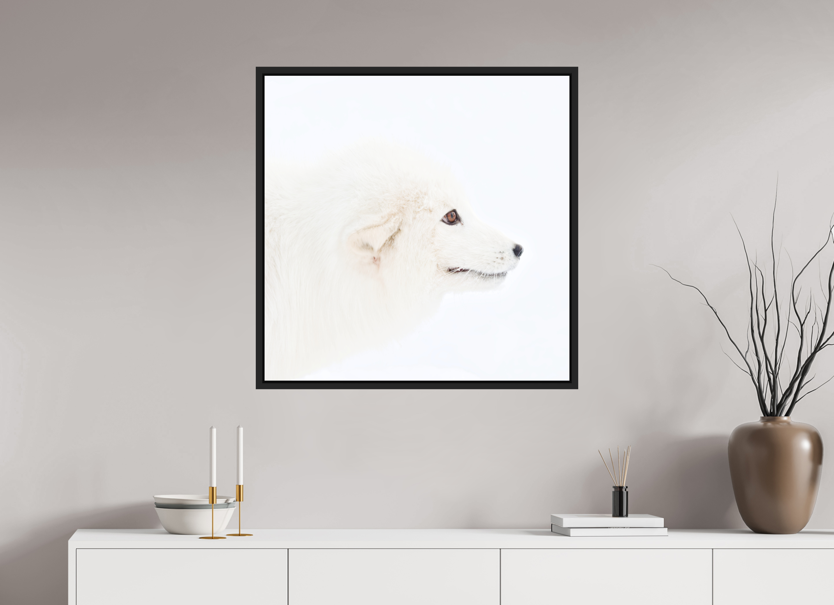 80 x 80 cm, Floater Frame Matte Black Matte Acrylic Glass Arctic Fox Head - Floater Frame