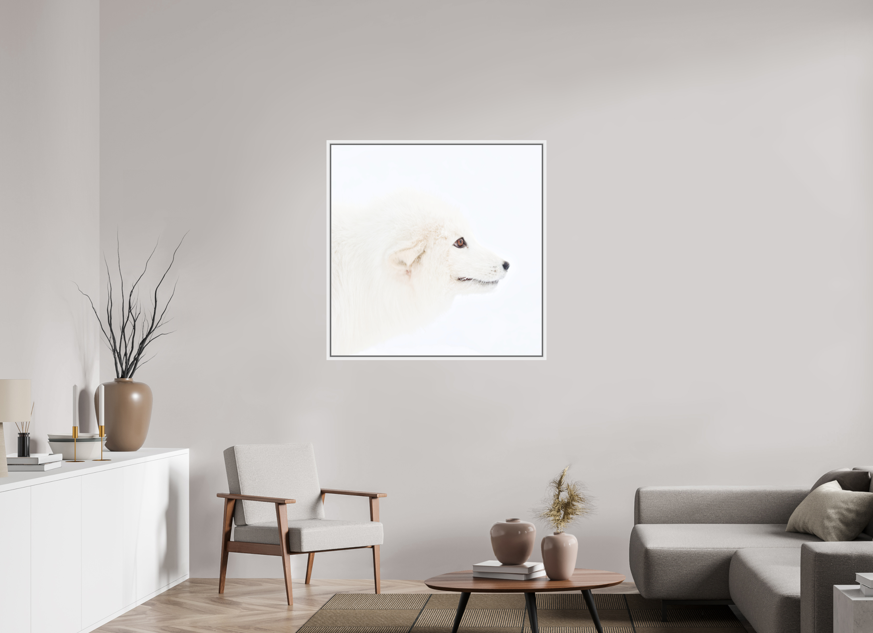 100 x 100 cm, Floater Frame White Matte Acrylic Glass Arctic Fox Head - Floater Frame