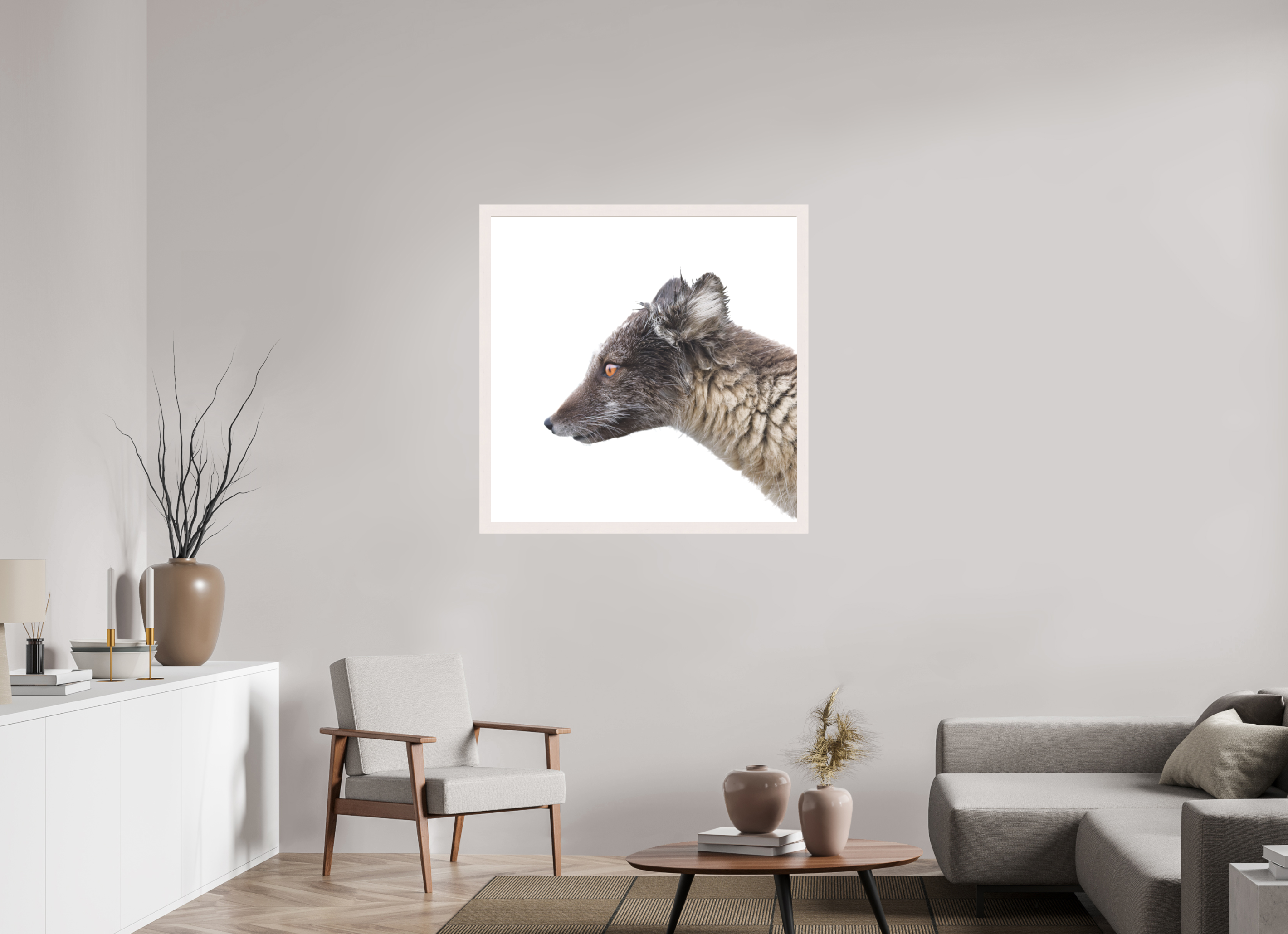 100 x 100 cm, Gallery Frame Hamburg 40mm White Maple Matte Acrylic Arctic Fox Brown - In Solid 40 mm Wood Frame Hamburg Matte