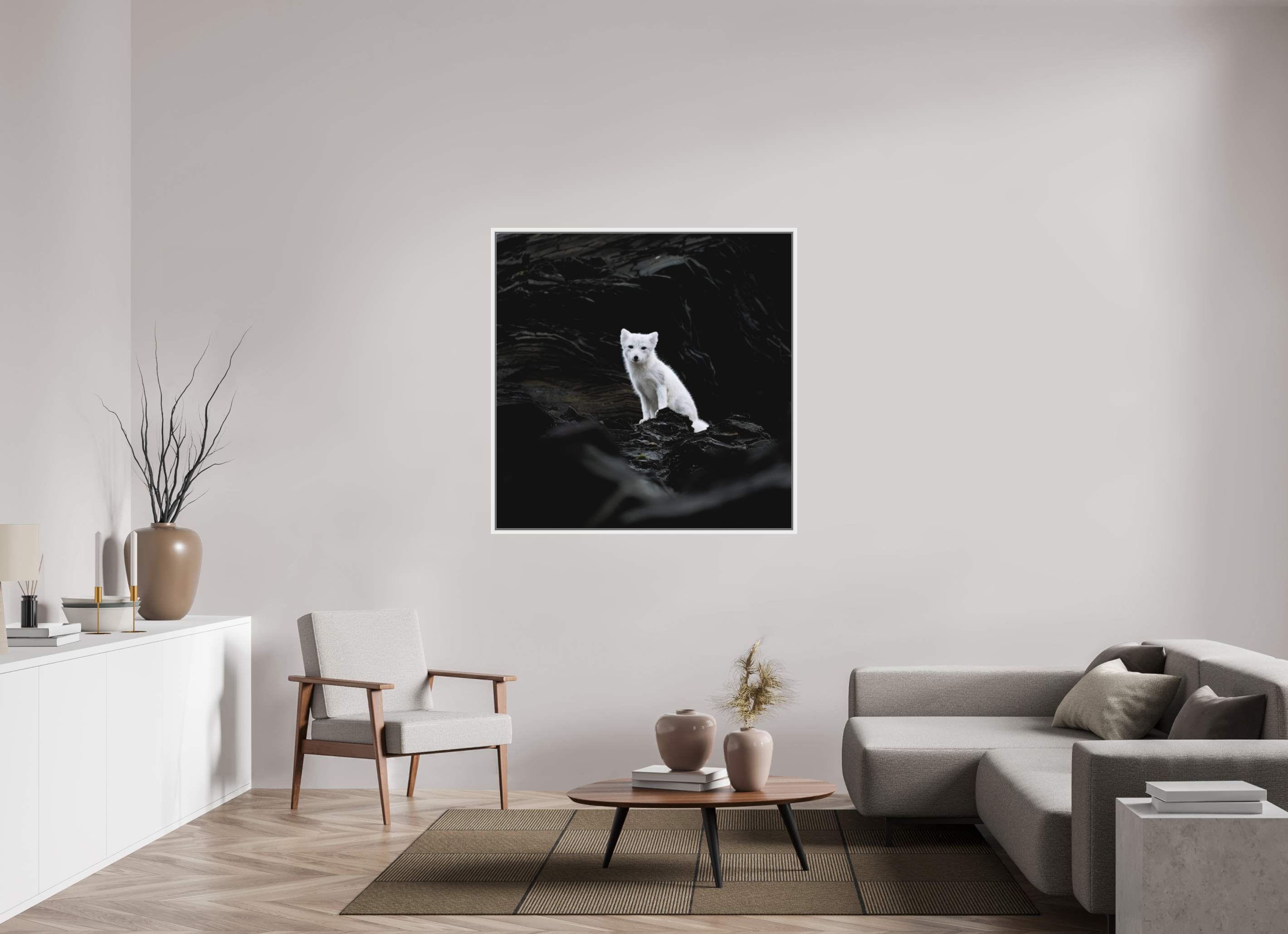 120 x 120 cm, Floater Frame White Matte Acrylic Glass Arctic Fox Angel - Floater Frame Matte