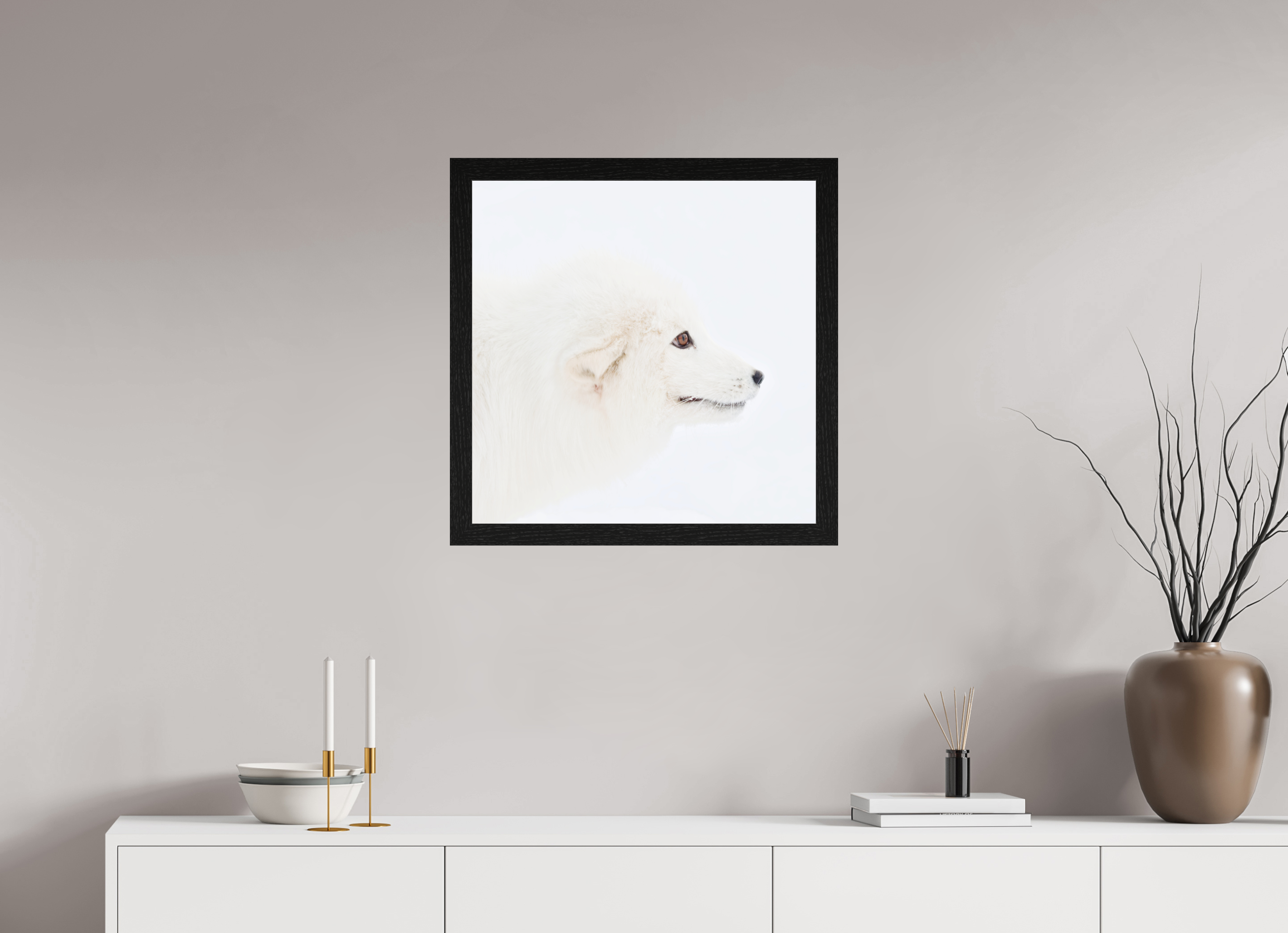 60 x 60 cm, Gallery Frame Hamburg 40mm Black Oak Glossy Acrylic Glass Arctic Fox Head - In Solid Wood Frame Hamburg 40 mm