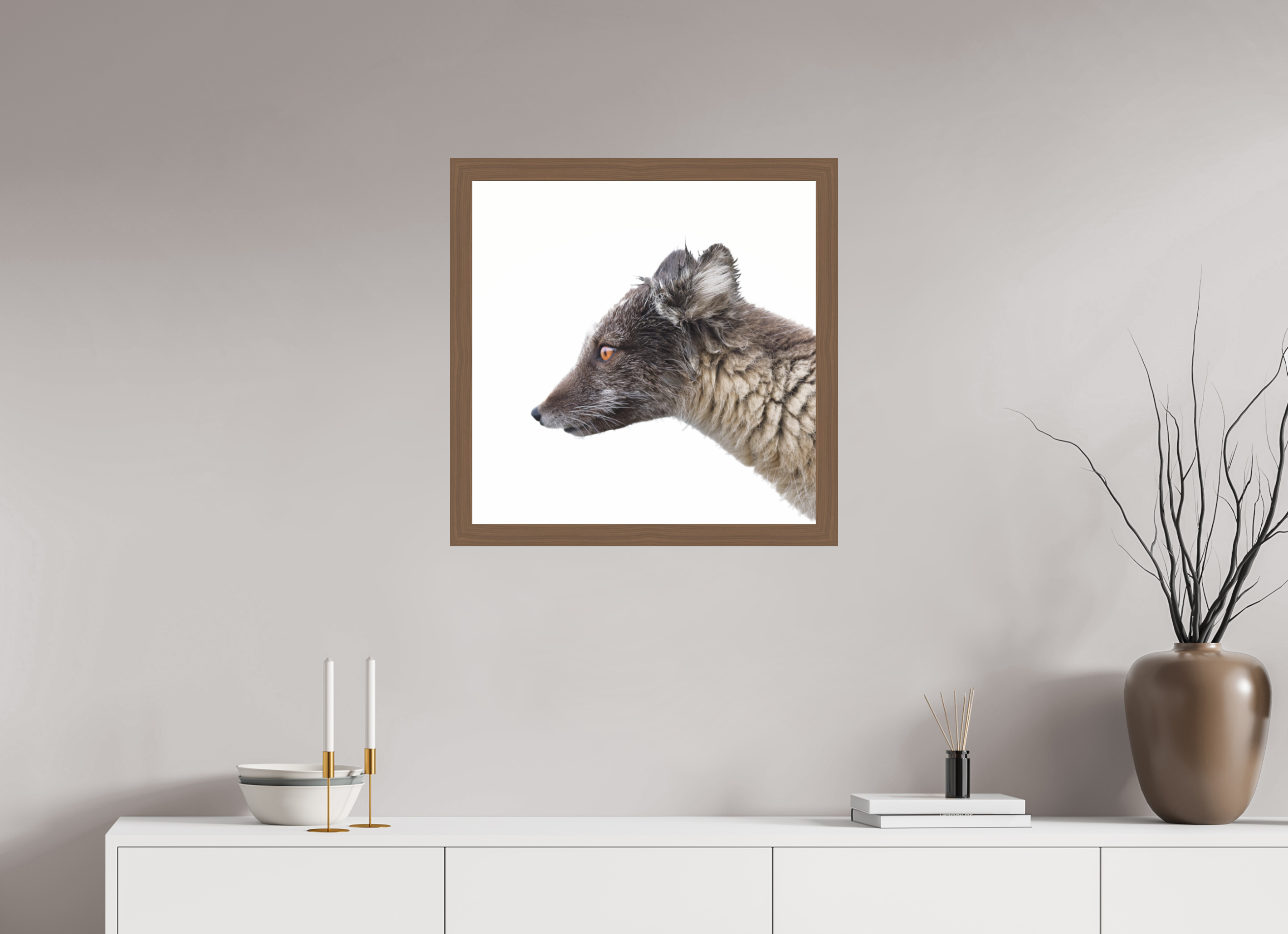 60 x 60 cm, Gallery Frame Hamburg 40mm Walnut Glossy Acrylic Arctic Fox Angel - In Solid 40 mm Wood Frame Hamburg Glossy