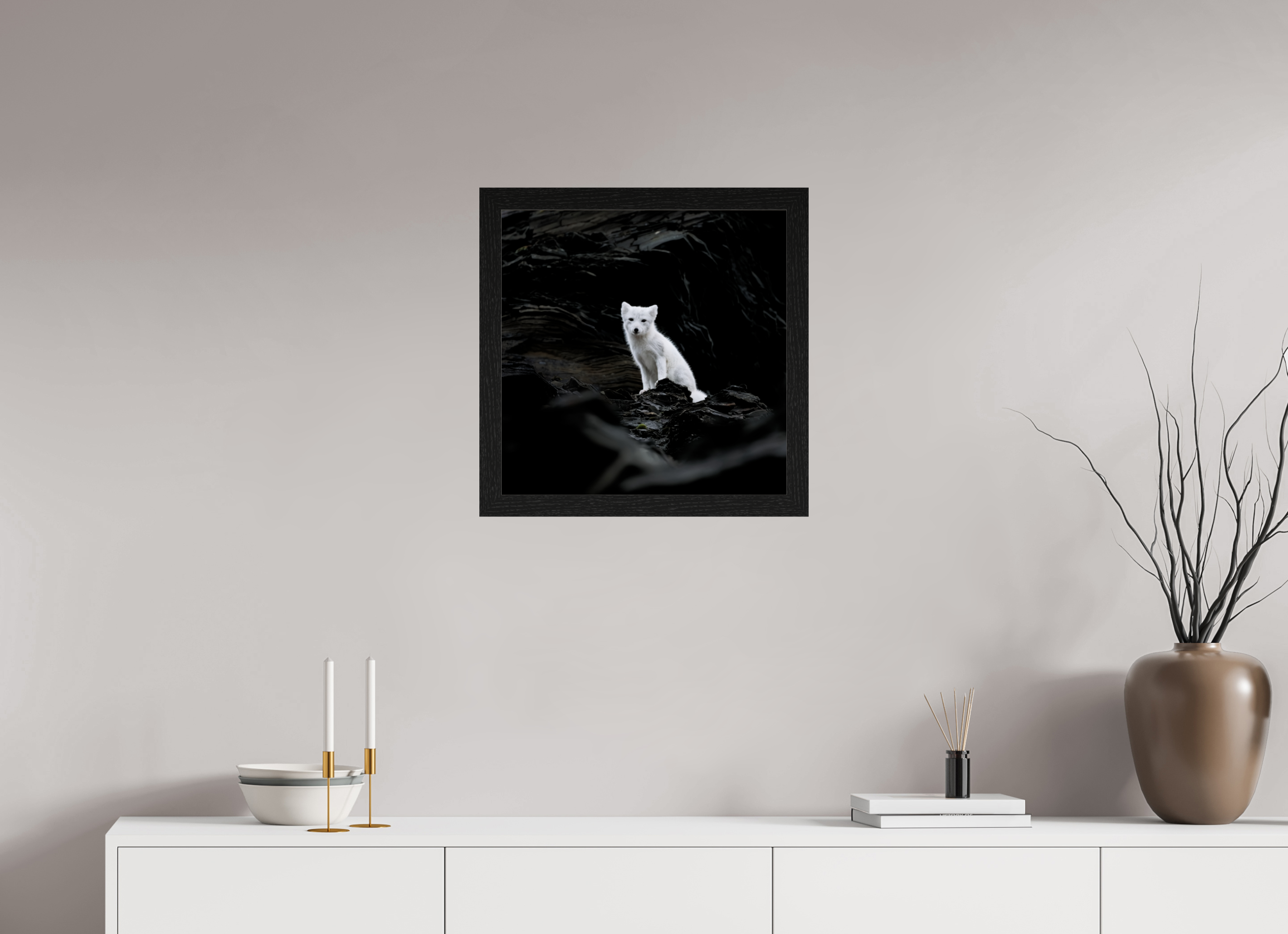 50 x 50 cm, Gallery Frame Hamburg 40mm Black Oak Glossy Acrylic Glass Arctic Fox Angel - In Solid 40 mm Wood Frame Hamburg Glossy