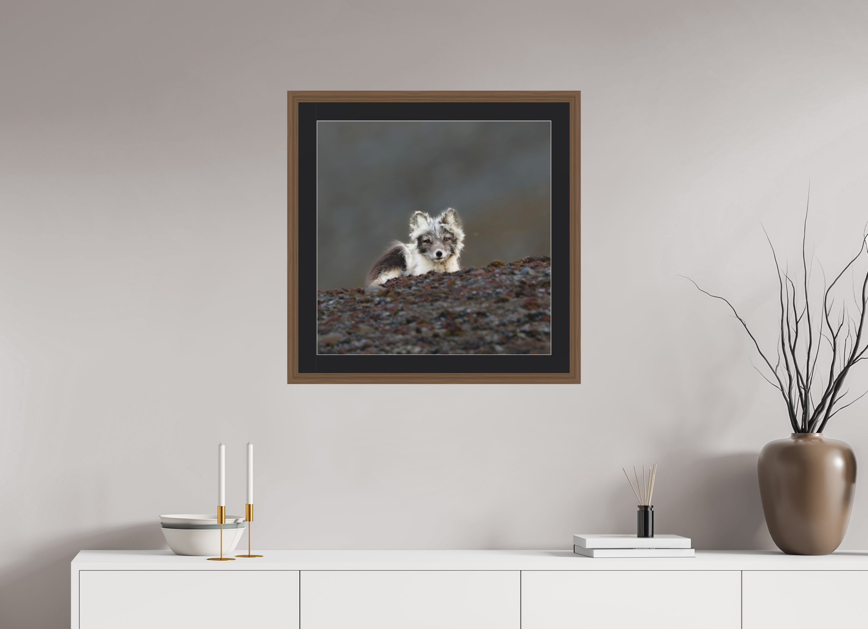 60 x 60 cm, Solid Wood Frame Vienna Passe-partout Walnut Arctiv Fox Scout -Solid Frame With Passe-Partout