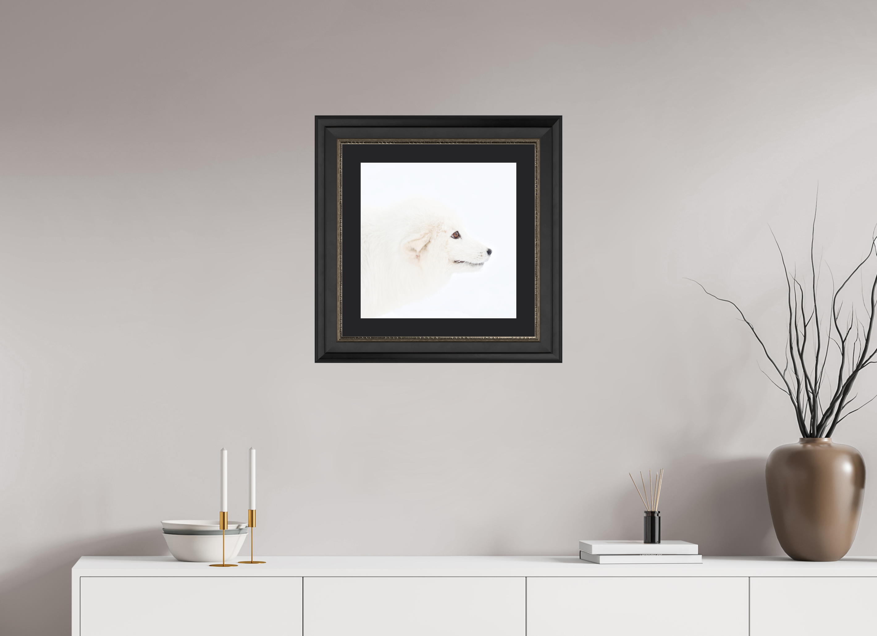 40 x 40 cm, Solid Wood Frame London Passe-partout Silver Arctic Fox Head - Solid Frame With Passe-Partout