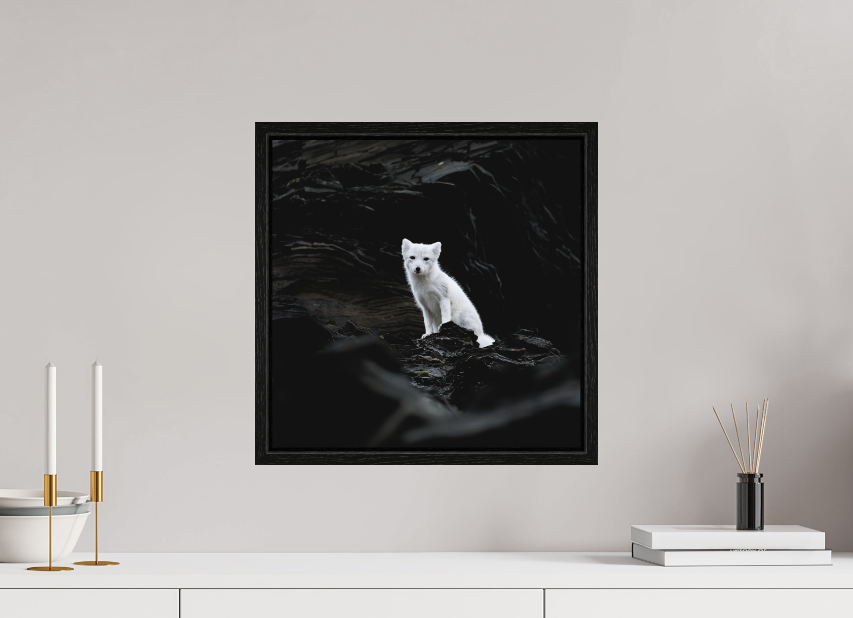 40 x 40 cm, Floater Frame Black Oak Matte Acrylic Glass Arctic Fox Angel - Floater Frame Matte