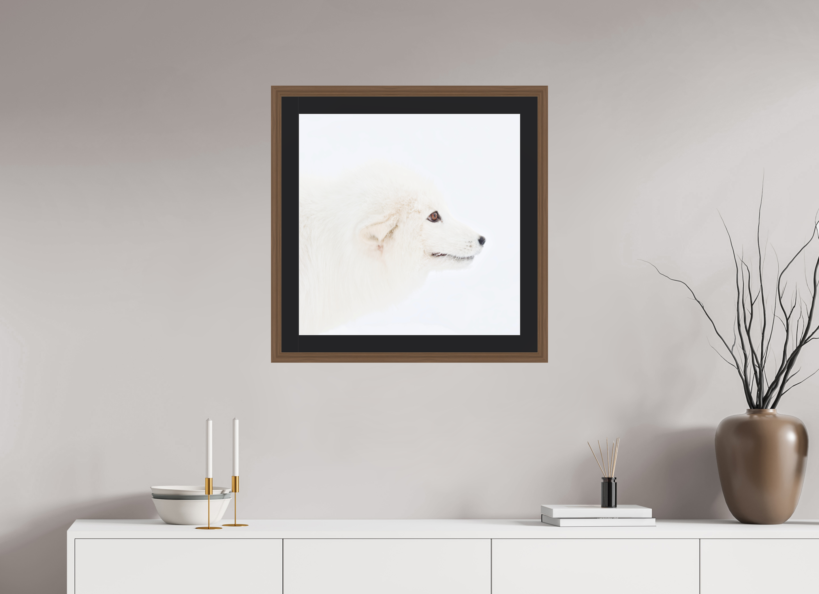 60 x 60 cm, Solid Wood Frame Vienna Passe-partout Walnut Arctic Fox Head - Solid Frame With Passe-Partout