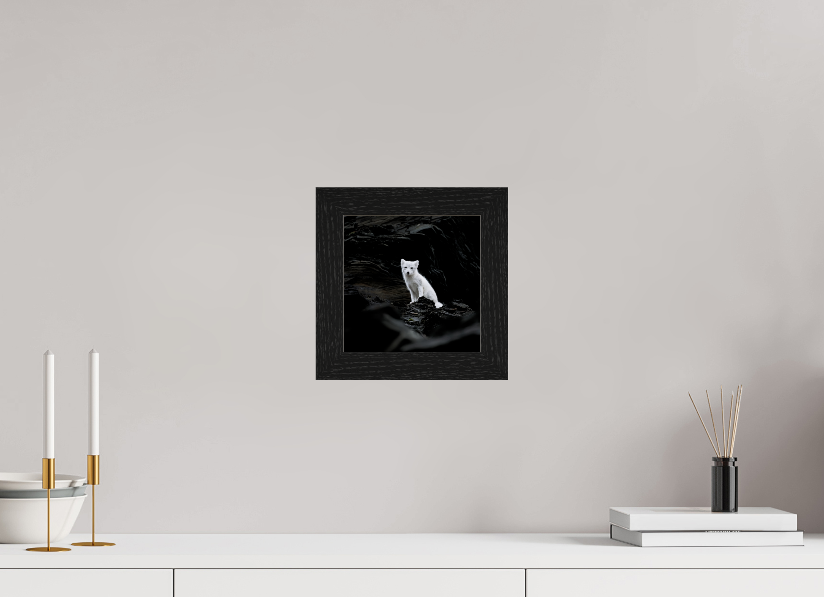 20 x 20 cm, Gallery Frame Hamburg 40mm Black Oak Glossy Acrylic Glass Arctic Fox Angel - In Solid 40 mm Wood Frame Hamburg Glossy