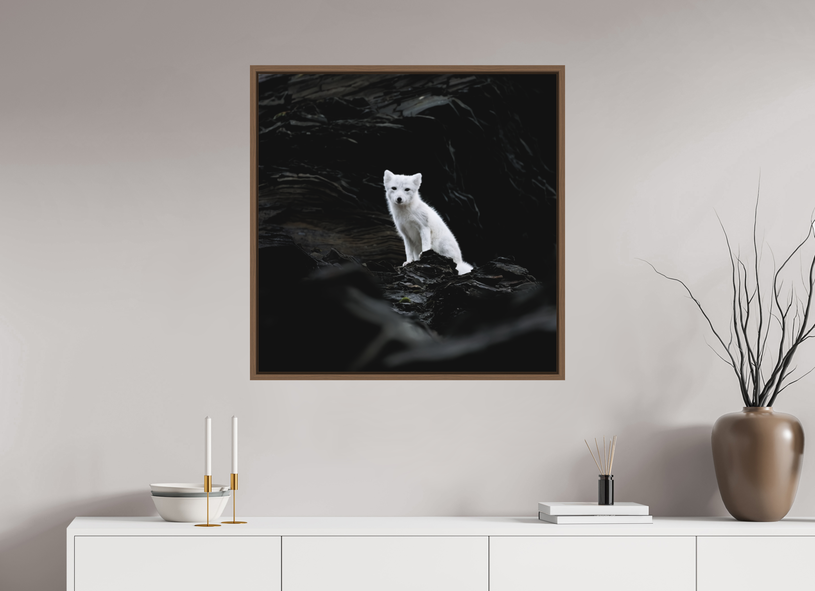 80 x 80 cm, Floater Frame Walnut Matte Acrylic Glass Arctic Fox Angel - Floater Frame Matte
