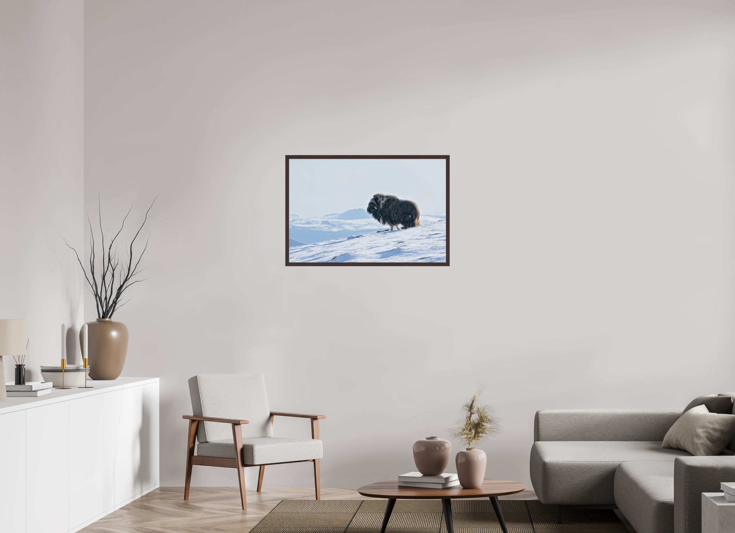 90 x 60 cm, Gallery Frame Hamburg Alder Brown Glossy Acrylic The Musk Ox Kingdom - In Solid 20 mm Wood Frame Hamburg Glossy