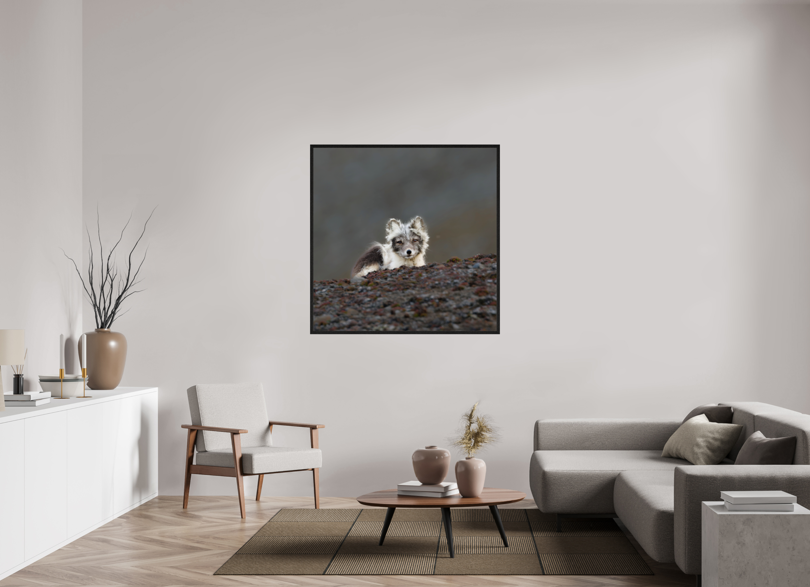 120 x 120 cm, Gallery Frame Hamburg 20mm Black Oak Arctic Fox Scout- In Solid 20 mm Wood Frame Hamburg