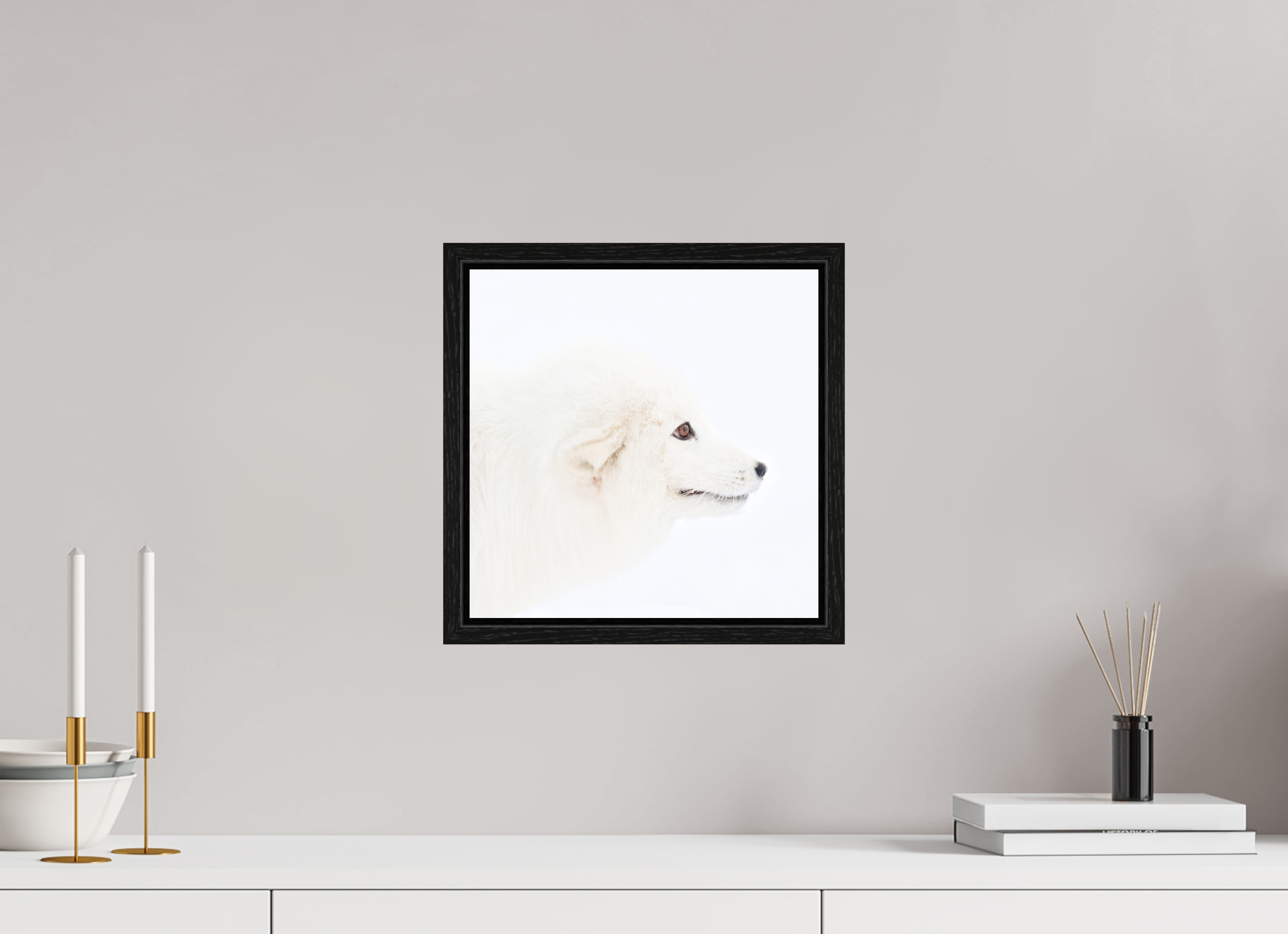 30 x 30 cm, Floater Frame Black Oak Matte Acrylic Glass Arctic Fox Head - Floater Frame