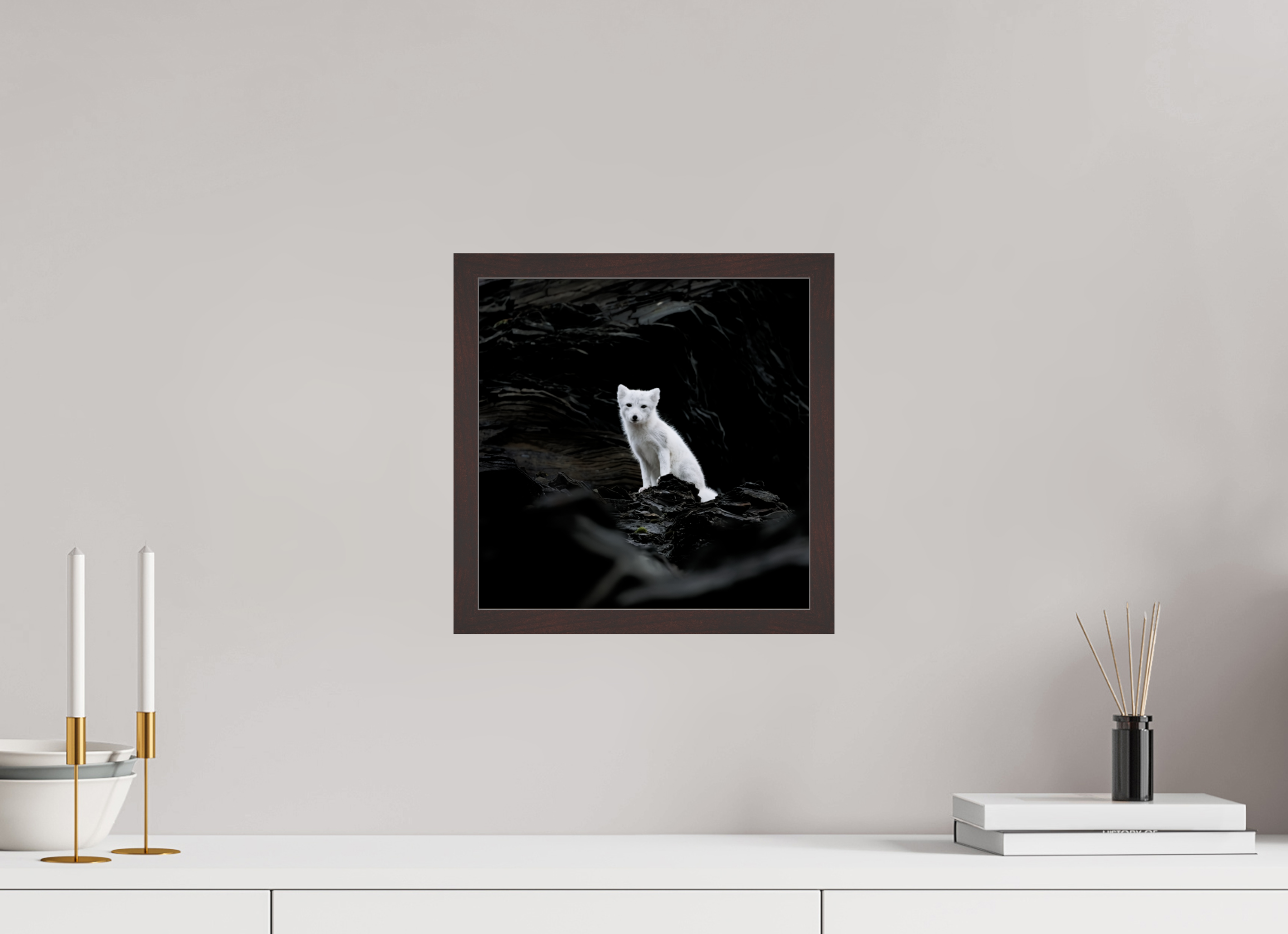 30 x 30 cm, Gallery Frame Hamburg 20mm Alder Brown Glossy Acrylic Arctic Fox Angel - In Solid 20 mm Wood Frame Hamburg Glossy