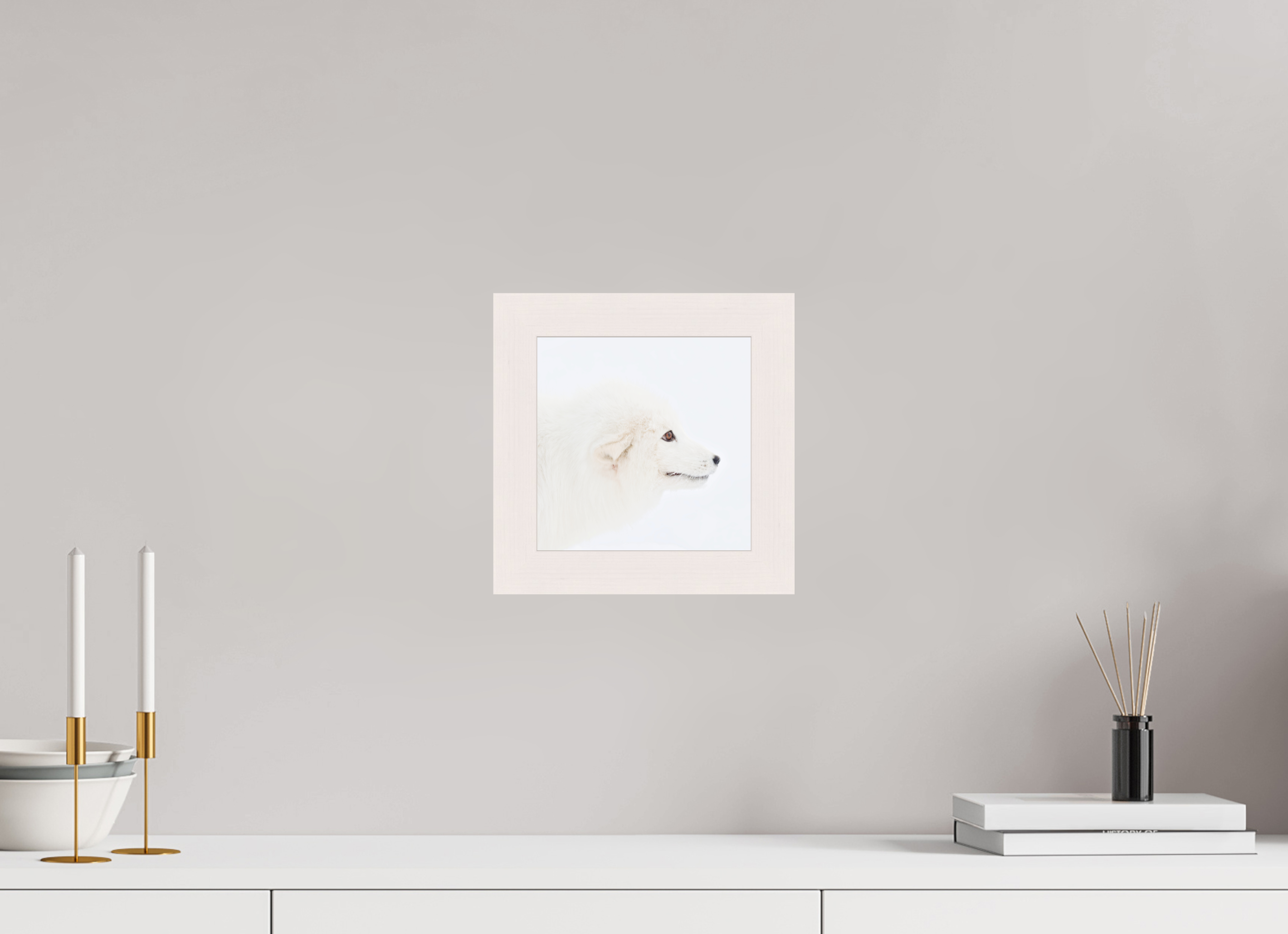 20 x 20 cm, Gallery Frame Hamburg 40mm White Glossy Acrylic Glass Arctic Fox Head - In Solid Wood Frame Hamburg 40 mm