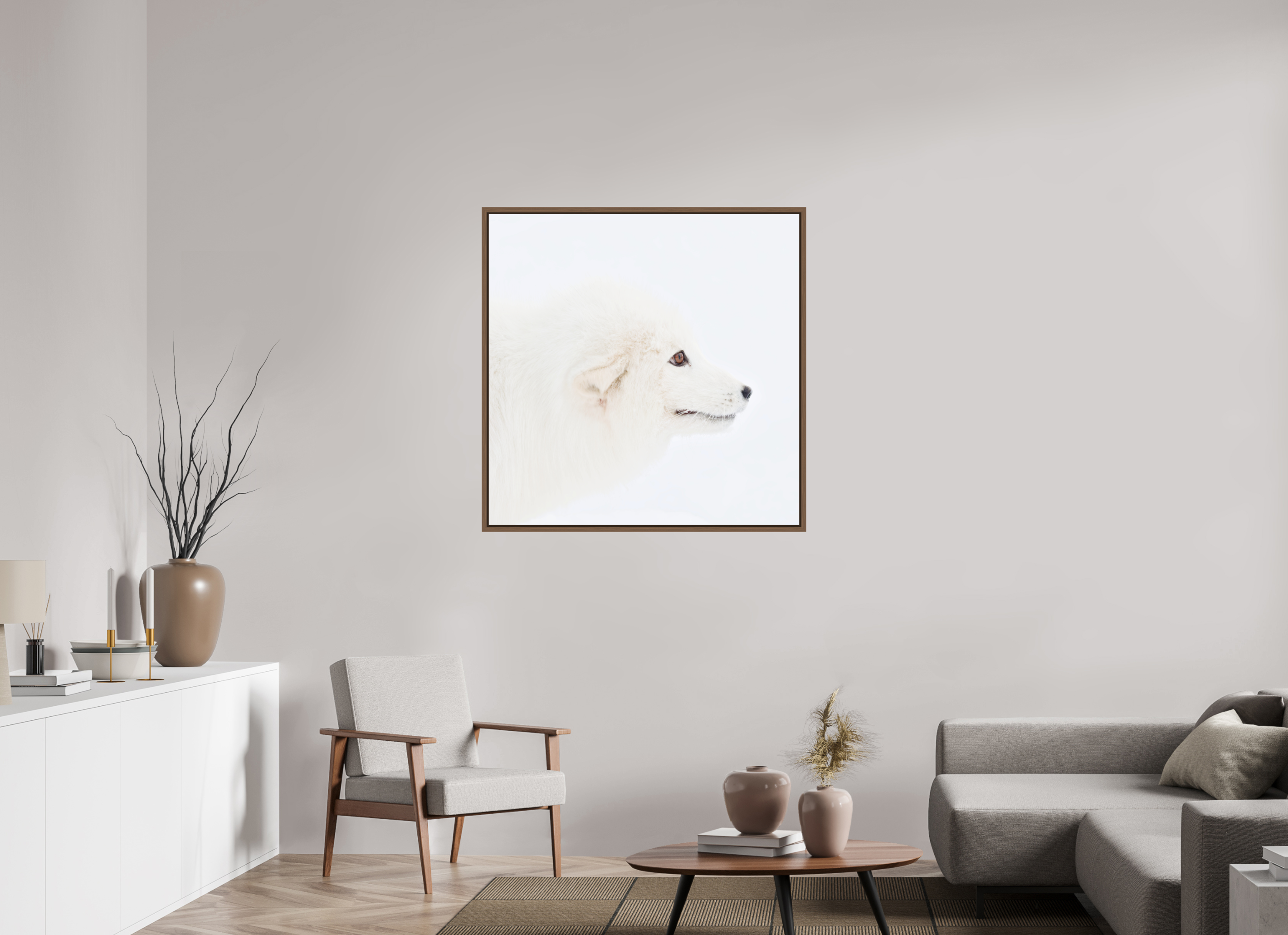 100 x 100 cm, Floater Frame Walnut Glossy Acrylic Glass Arctic Fox Head - Floater Frame