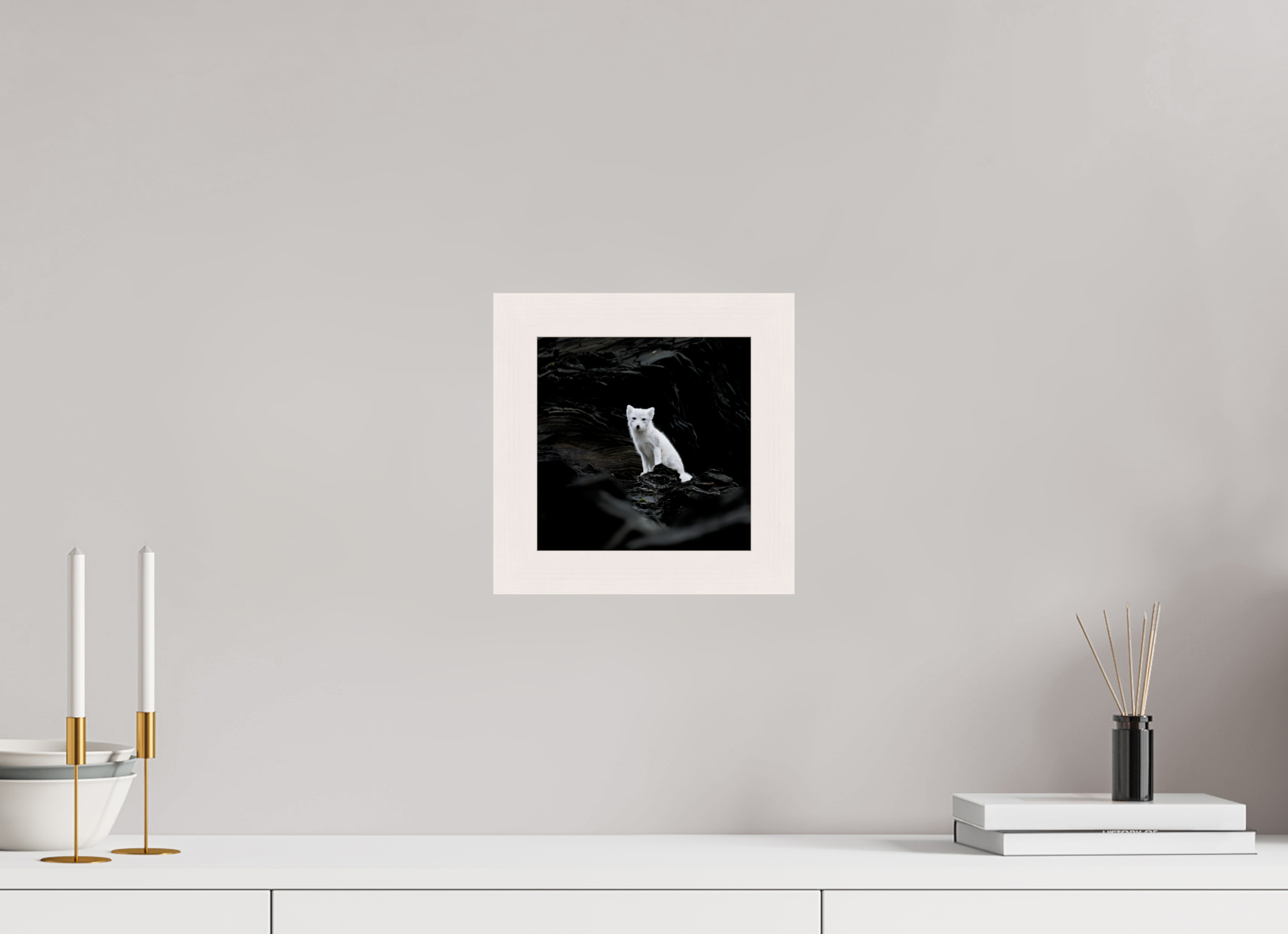 20 x 20 cm, Gallery Frame Hamburg 40mm White Glossy Acrylic Arctic Fox Angel - In Solid 40 mm Wood Frame Hamburg Glossy