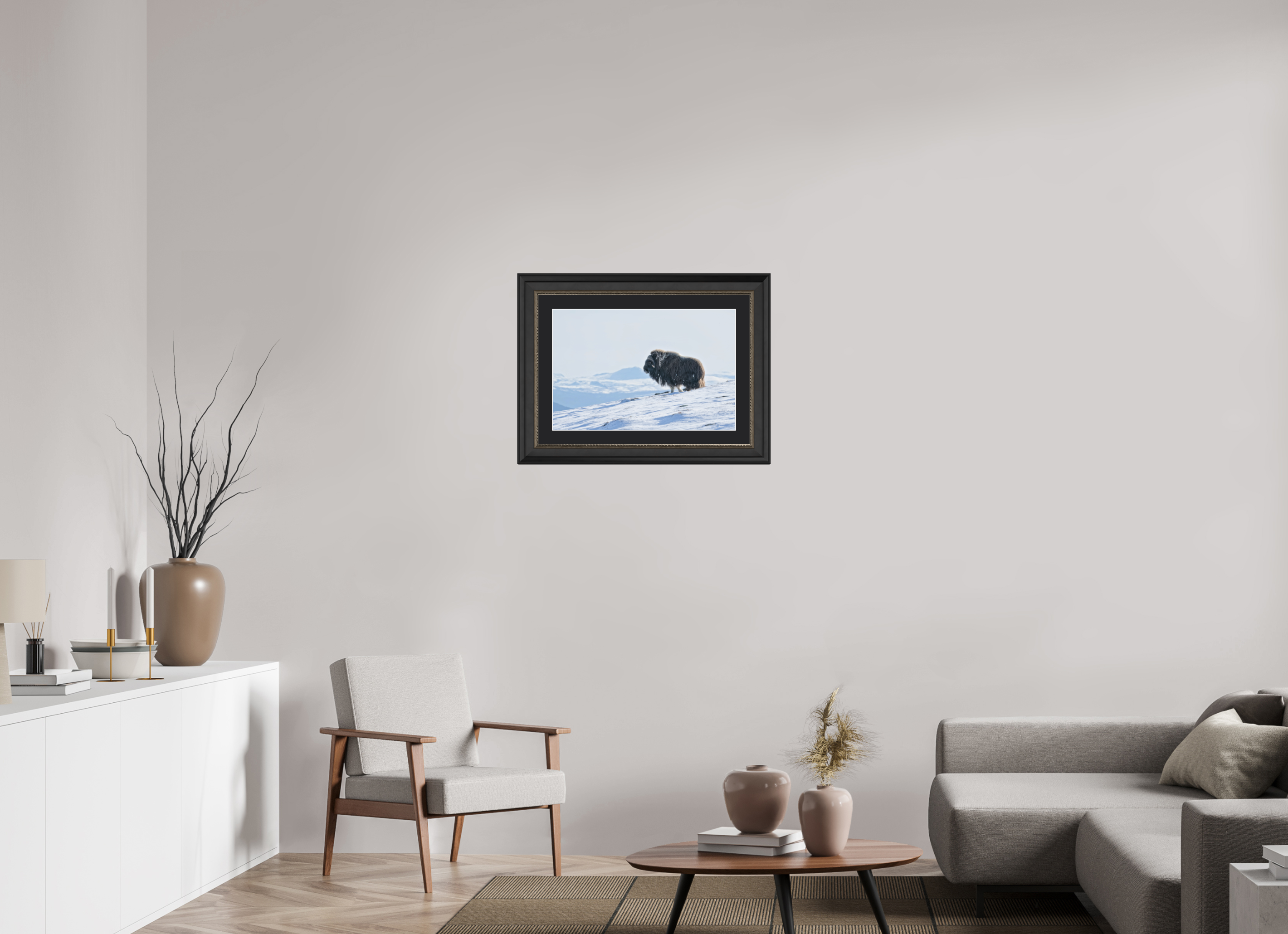 60 x 40 cm, Solid Wood Silver Frame London Black Passe-partout The Musk Ox Kingdom - Solid Frame With Passe-Partout