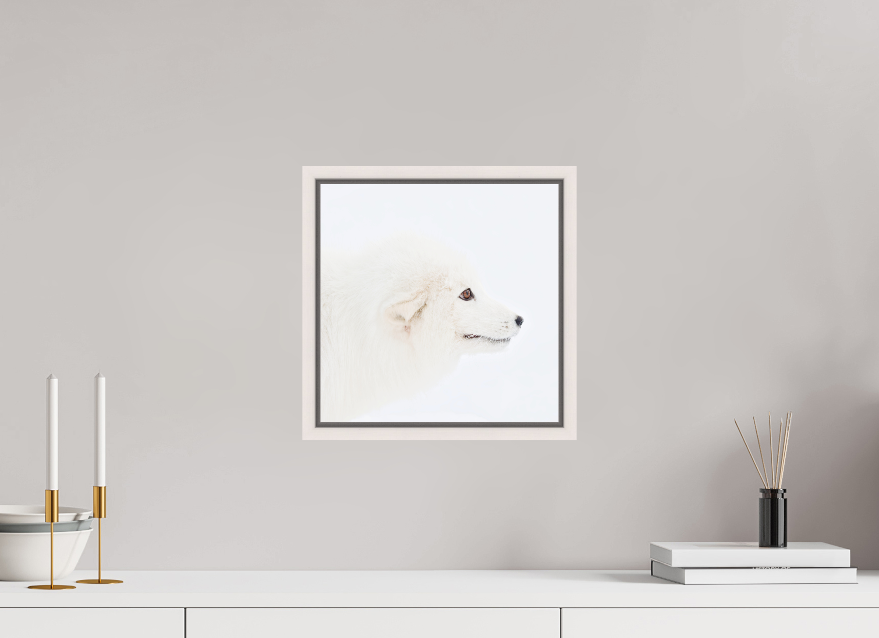 30 x 30 cm, Floater Frame Maple White Glossy Acrylic Glass Arctic Fox Head - Floater Frame