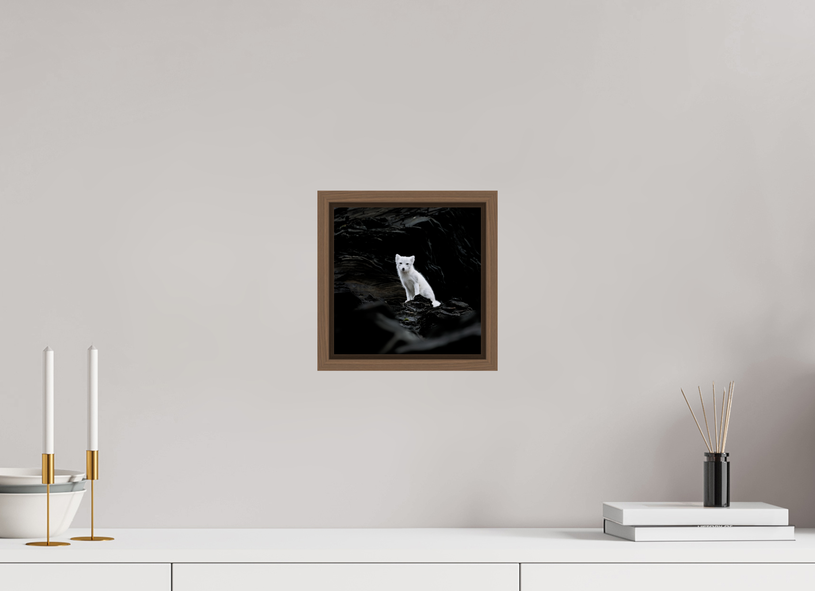 20 x 20 cm, Floater Frame Walnut Glossy Acrylic Glass Arctic Fox Angel - Floater Frame Glossy