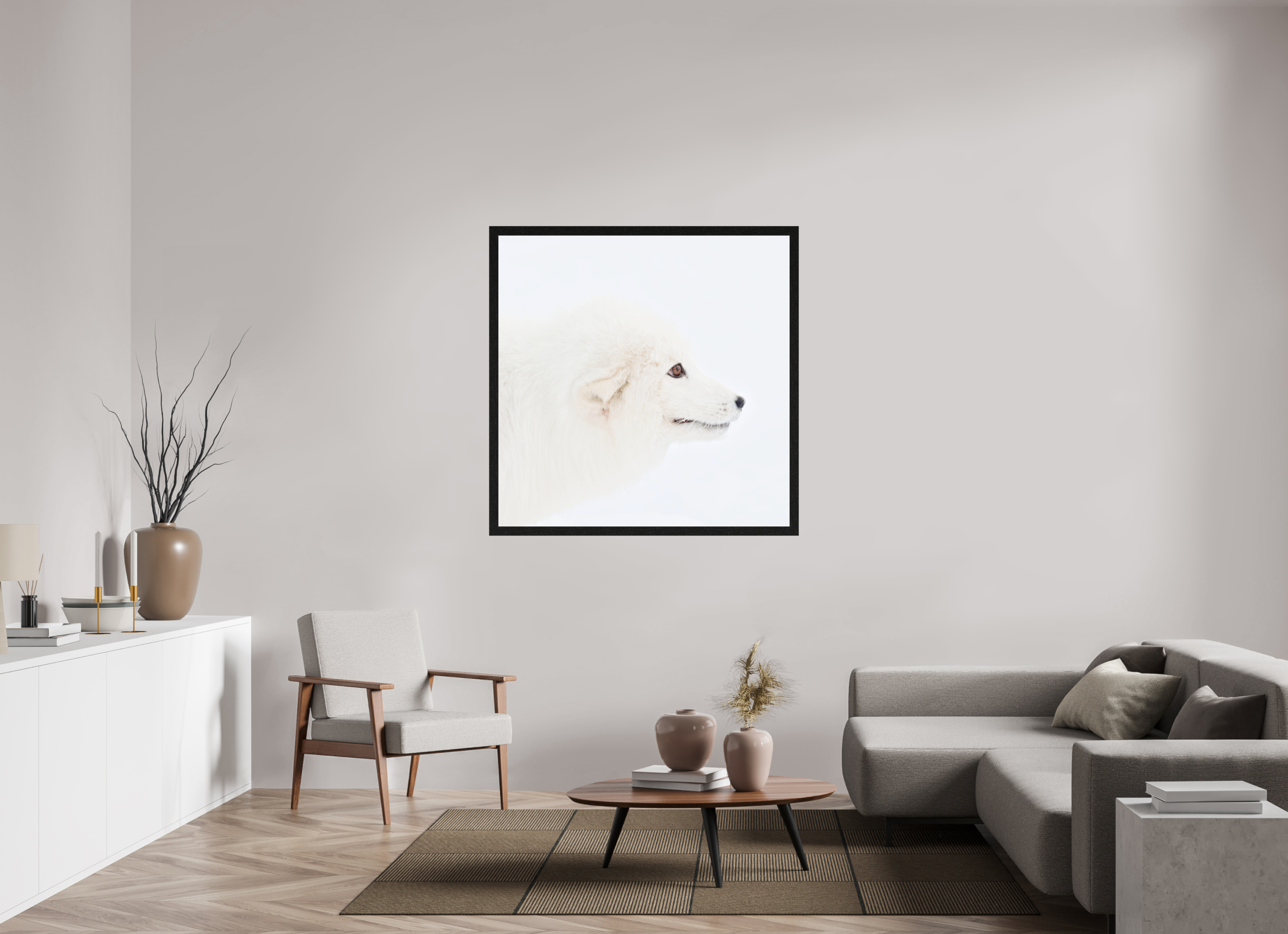 120 x 120 cm, Gallery Frame Hamburg 40mm Black Oak Glossy Acrylic Glass Arctic Fox Head - In Solid Wood Frame Hamburg 40 mm