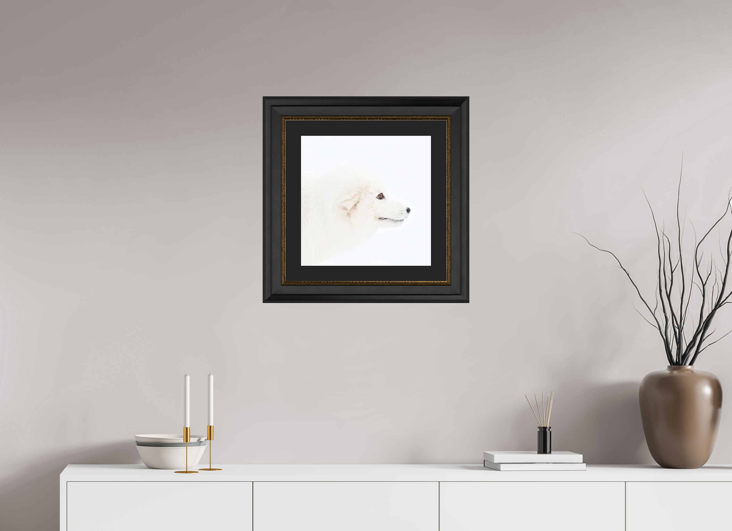 40 x 40 cm, Solid Wood Frame London Passe-partout Gold Arctic Fox Head - Solid Frame With Passe-Partout